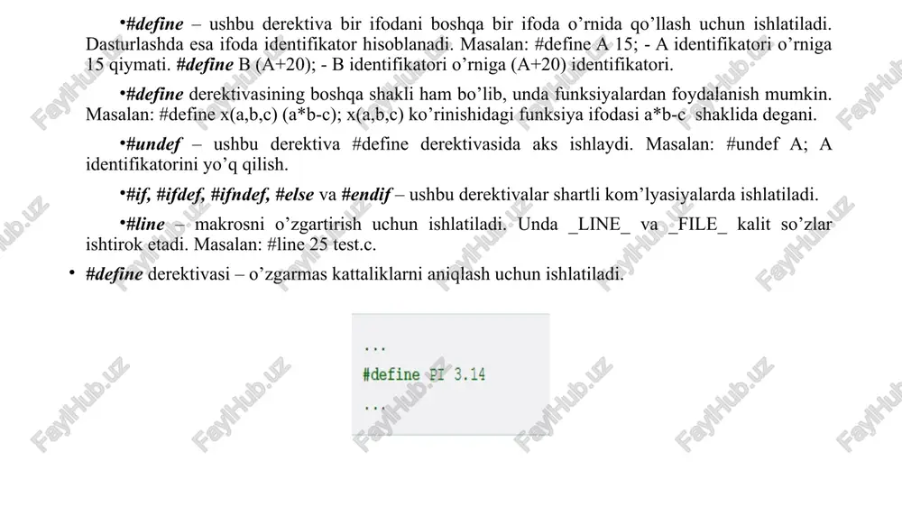 li operator bo’lib, unda rost yoki yolg’on asosida ikki amaldan birini bajaradi. masalan: if(a>b) // c=a; else c=b; switch operatori switch operatori if operatoridan farqi unda 2 dan ortiq variant bo’ladi va mos holatda kerakli amalni bajaradi. masalan: int x=2; switch(x) {case 0: x=x^3; case 1: x=x*x; case 2: x=x+x; default: x;} //ushbu dasturda x=2 bo’lganligi uchun x=x+x amali bajariladi. sikl operatorlari for sikl operatori for sikl operatori ma’lum qadam bilan berilgan ifodani takroriy bajarish uchun xizmat qiladi. bunda sikl takroriyligi oldindan ma’lum bo’ladi. masalan: void main(void) {int x; int z=10; int y=0; for(x=1;x is greater than b>a if b is greater than a >= is greater than or equal to if a is greater than or equal to 5 ppocrxd> peicocia? pic tx d> pescss-dcle> pdecinto: pescmosi/dce> pdscintl pbscrsp pd4ceck/ to pcicadcid cl pc4+(adc4/sdad pcscadcs/ scl? mega-g-pdif /docprops/thumbnail.jpeg