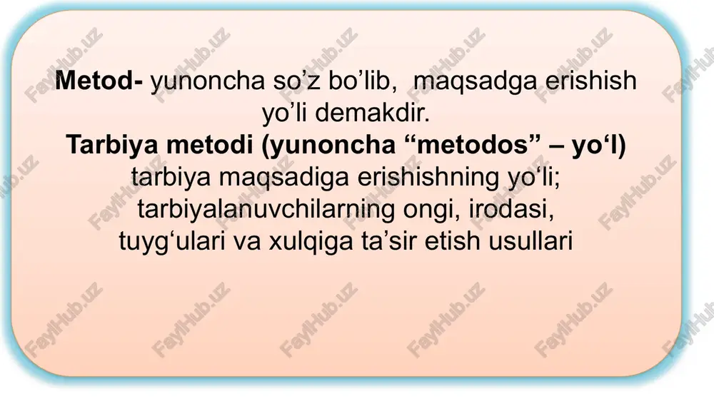 yalari asosida axloqiy mavzularda og‘zaki bayon qilish shakli ishontirish – o‘quvchilarni muayyan voqea-hodisalar, jarayonlar, xatti-harakat hamda faoliyatning to‘g‘riligiga ishontirishga qaratilgan fikrlarning og‘zaki bayoni nasihat - o‘quvchilarni ezgulikka, atrofdagilarga yaxshilik qilishga da’vat etuvchi og‘zaki bayon usuli yo‘riqnoma – o‘quvchilarni ijtimoiy-axloqiy meyorlar bilan tanishtirish maqsadida tayyorlangan hujjat 9v-ilova munozara – tarbiyalanuvchilarga hissiy-og‘zaki ta’sir ko‘rsatish asosida ularda ma’naviy-axloqiy sifatlarni shakllantirishga yo‘naltirilgan bahs-munozara usuli bo‘lib, siyosiy, iqtisodiy, madaniy, estetik va huquqiy mavzular (“did haqida bahs”, “mashhur bo‘lish yo‘llari”, “biz madaniyatli kishilarmizmi?”, h.o)da o‘tkaziladi. munozara fikrlar to‘qnashgan vaziyatda o‘quvchilarda ma’lum hodisaga nisbatan ishonch hosil qilishga yordam beradi. o‘rgatish mashq va o‘rgatish (faoliyatda mashqlantirish) metodlari topshiriq berish pedagogik talab musobaqa jamoatchilik fikri tarbiyalovchi vaziyat 11-ilova o‘rgatish – tarbiyalanuvchilar ijtimoiy xulq-atvor ko‘nikmalari, odatlarini shakllantirish maqsadida rejali va izchil tashkil qilinadigan turli harakatlar, amaliy ishlardir. rag‘batlantirish – tarbiyalanuvchining xatti-harakati va faoliyatiga ijobiy baho berish asosida unga ishonch bildirish, ko‘ngilini ko‘tarish va uni qo‘llab-quvvatlash usuli 12-ilova musobaqa – o‘quvchilarni …