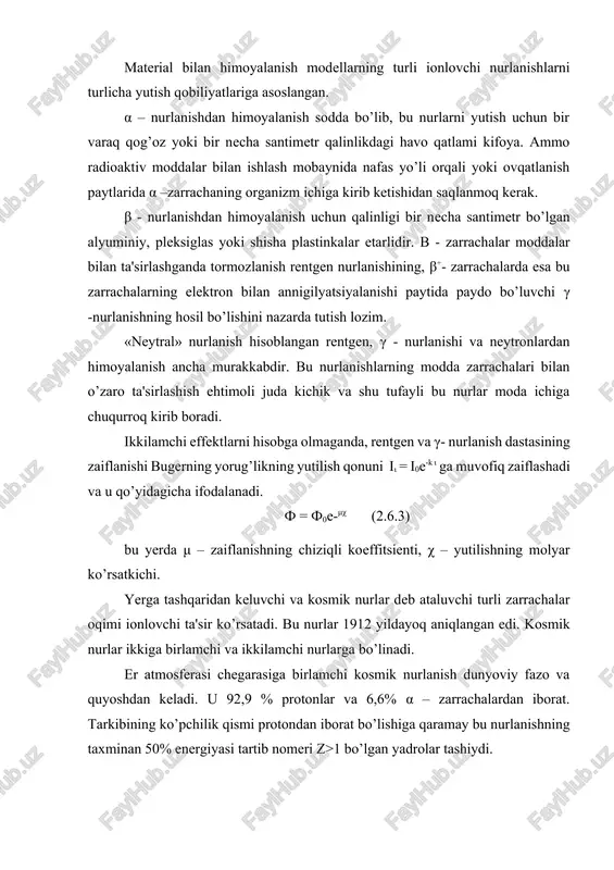 rlar ikkiga birlamchi va ikkilamchi nurlarga bo’linadi. er atmosferasi chegarasiga birlamchi kosmik nurlanish dunyoviy fazo va quyoshdan keladi. u 92,9 % protonlar va 6,6% α – zarrachalardan iborat. tarkibining ko’pchilik qismi protondan iborat bo’lishiga qaramay bu nurlanishning taxminan 50% energiyasi tartib nomeri z>1 bo’lgan yadrolar tashiydi. ikkilamchi kosmik nurlanishlar yer atmosferasiga kiruvchi atom yadrolari bilan birlamchi nurlanishlarning o’zaro ta'sirlashishi natijasida hosil bo’ladi. bu nurlanishlarda amalda barcha ma'lum elementar zarrachalar uchraydi. ko’pchilik birlamchi kosmik nurlanish zarrachalarining energiyasi 109 ev dan katta, ayrim zarrachalar uchun esa 1021 ev dan yuqorirok bo’lishi mumukin. yerga yetib keluvchi kosmik nurlanishning umumiy quvvati 1,5 gvt atrofida, lekin u quyosh erga berayotgan energiyaga nisbattan nihoyatda kichikdir. yuqoridagilarga asosan drg3-02 dozimetrini tuzilishi va ishlash printsipi bilan tanishish maqsadga muvofiq deb bilamiz. chunki bu dozimetr tuzilishi va ishlatilishi jihatidan oddiy laboratoriya dozimetri bo’lib hisoblanadi. drg 3-02 dozimetrining tuzilishi va ishlash printsipi: dozimetr drg 3-02 laboratoriya va ishlab chiqarish sharoitida …