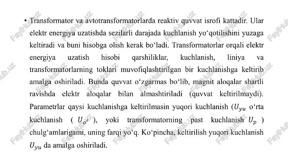 an bir kuchlanishga keltirib amalga oshiriladi . bunda qu vv at o‘zgarmas bo‘lib , magnit aloqalar shartli ravishda elektr aloqalar bilan almashtiriladi ( qu vv at keltirilmaydi ). parametrlar qaysi kuchlanishga keltirilmasin yuqori kuchlanish ( 𝑈 𝑦𝑢 o‘rta kuchlanish ( 𝑈 𝑜 ′ ), yoki transformatorning past kuchlanish 𝑈 𝑝 ) chulg‘amlarigami , uning farqi yo‘q . ko‘pincha , keltirilish yuqori kuchlanish 𝑈 𝑦𝑢 da amalga oshiriladi . elektr energiya uzatishni hisoblashda quvvat va kuchlanish liniyalarning oxirida berilmay , elektr stansiyalarining generatorlarida , ta’minlovchi podstansiyalarning yuqori kuchlanish shinalarida yoki pasaytiruvchi podstansiyalarning past va o‘rta kuchlanish shinalarida ham beriladi . hisoblanayotgan elektr energiya uzatish liniyaning ikkala tomoniga qo‘yilgan transformatorlar yoki qabul qiluvchi podstansiyaning transformatorlari kiradi . transformatorlar o‘zining qarshiliklari va o‘tkazuvchanliklariga ega , elektr uzatishning hisoblarida bu parametrlarni ham e’tiborga olish kerak : ularning qiymati transformatorning nominal qu vv atiga va chulg‘amlarining kuchlanishiga bog‘liq . 1-rasm. ikki chulg’amli transformatorning almashtiruv sxemasi …