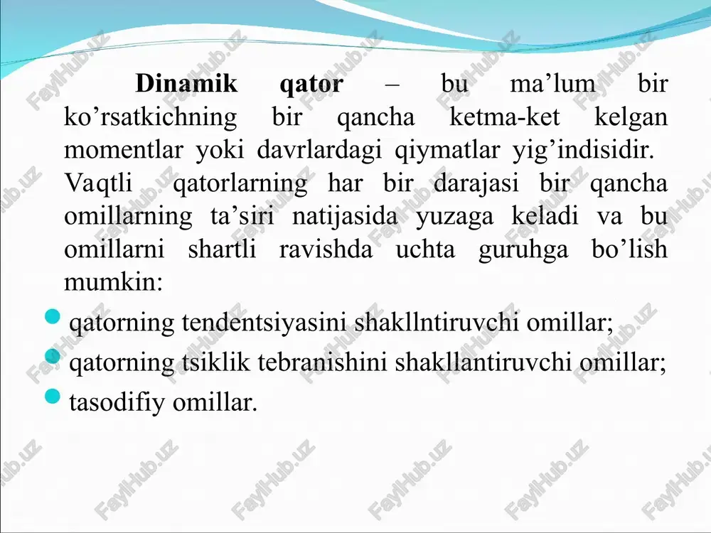 ladi. additiv va multiplikativ modellarni tuzish vaqtli qatorning har bir darajasi uchun t, s va e kompnentalarning qiymatlarini hisoblashga olib keladi. modelni tuzish jarayoni bir necha bosqichdan iborat: 1. berilgan qatorni sirg’anchiq o’rtacha usul bilan tekslash; 2. s – mavsumiy komponentaning qiymatini hisoblash; 3. qator tenglamasidan mavsumiy komponentalarni chiqarib tashlash va additiv modelda (t+e) yoki multiplikativ modelda (t·e) tekslangan qiymatlarni topish; 4. (t+e) yoki (t·e) darajalarni analitik tekslash va hosil bo’lgan trend tenglamasini qo’llab t ning qiymatlarini hisoblash; 5. hosil bo’lgan modelda (t+e) yoki (t·e)ning qiymatlarini hisoblash; 6. mutloq va/yoki nisbiy hatoliklarni hisoblash. vaqtli qatorning additiv modelini tuzish: 1-qadam. sirg’anchiq o’rtacha usuli bilan qatorni tekslaymiz. buning uchun: a) qatorning har to’rt chorakdagi darajalari yig’indisini bir davrga surgan holda hisoblaymiz va shartli yillik elektrenergiya iste’moli hajmini topamiz(jadvalning uchunchi ustuniga bir chorak pastga yozamiz); v) yig’indini 4ga bo’lib sirg’anchiq o’rtachani topamiz(jadvalda to’rtinchi ustun). shuni ta’kidlash kerakki, hosil bo’lgan tekslangan qiymatlar mavsumiy komponentaga …