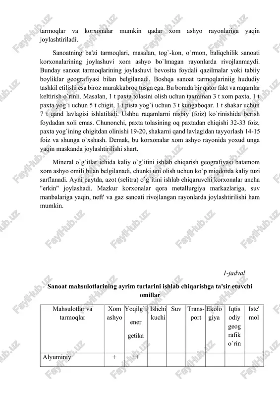 ik elektr stansiyalari, qora metallurgiya sanoatining dastlabki-cho`yan eritish (domna pechida) bosqichini joylashtirishda asosiy rol' o`ynaydi. ammo uning ta'siri har doim ham yetakchi kuchga ega emas. issiqlik elektrostansiyalari yoki metallurgiya zavodlari iste'mol rayonlarida ham joylashtirilishi mumkin. bunday hol neft va uning mahsuloti mazut, tabiiy gaz asosida ishlovchi issiqlik elektr stansiyalarini qurishga taalluqli (yoqilg`ining quvurlarda keltirilishi iqtisodiy jihatdan ma'qulroq) bo`ladi. biroq qora metallurgiya (cho`yan erituvchi) zavodlarini joylashtirish qonuniyatlari bir xil emas. ma'lumki, qazib olinadigan temir rudasining taxminan 48-50 foizi foydali, bu degan so`z ulardan deyarli shuncha miqdorda cho`yan olinadi. ammo bu "o`rtacha" raqam hamma joyda ham bir xil emas-ayrim konlarda temirning qazib olinadigan rudadagi ulushi atigi 17-19 foizni tashkil etadi. bunday konlarga uraldagi qo`shqonor yoki qoraqalpog`iston respublikasidagi tebinbuloq konlarini misol qilib ko`rsatish mumkin. bu yerlardan qazib olinadigan rudani bevosita domna pechlarida eritib bo`lmaydi, sababi, unda kerakli mineraldan ko`ra foydasiz jinslar ko`proq. shuning uchun bu ruda dastlab boyitilishi va uning tarkibidagi foydali mineralning …