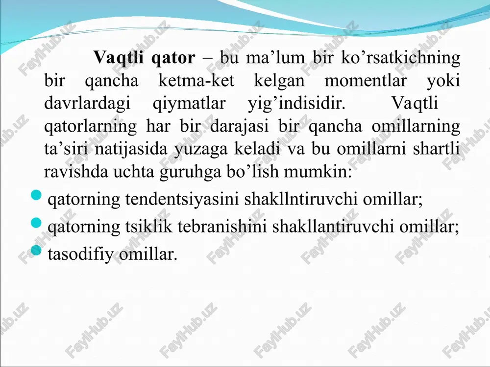 vaqtli qatorning har bir darajasi uchun t, s va e kompnentalarning qiymatlarini hisoblashga olib keladi. modelni tuzish jarayoni bir necha bosqichdan iborat: 1. berilgan qatorni sirg’anchiq o’rtacha usul bilan tekslash; 2. s – mavsumiy komponentaning qiymatini hisoblash; 3. qator tenglamasidan mavsumiy komponentalarni chiqarib tashlash va additiv modelda (t+e) yoki multiplikativ modelda (t·e) tekslangan qiymatlarni topish; 4. (t+e) yoki (t·e) darajalarni analitik tekslash va hosil bo’lgan trend tenglamasini qo’llab t ning qiymatlarini hisoblash; 5. hosil bo’lgan modelda (t+e) yoki (t·e)ning qiymatlarini hisoblash; 6. mutloq va/yoki nisbiy hatoliklarni hisoblash. vaqtli qatorning additiv modelini tuzish: 1-qadam. sirg’anchiq o’rtacha usuli bilan qatorni tekslaymiz. buning uchun: a) qatorning har to’rt chorakdagi darajalari yig’indisini bir davrga surgan holda hisoblaymiz va shartli yillik elektrenergiya iste’moli hajmini topamiz(jadvalning uchunchi ustuniga bir chorak pastga yozamiz); v) yig’indini 4ga bo’lib sirg’anchiq o’rtachani topamiz(jadvalda to’rtinchi ustun). shuni ta’kidlash kerakki, hosil bo’lgan tekslangan qiymatlar mavsumiy komponentaga ega bo’lmaydi; s) ketma-ket kelgan ikkita …