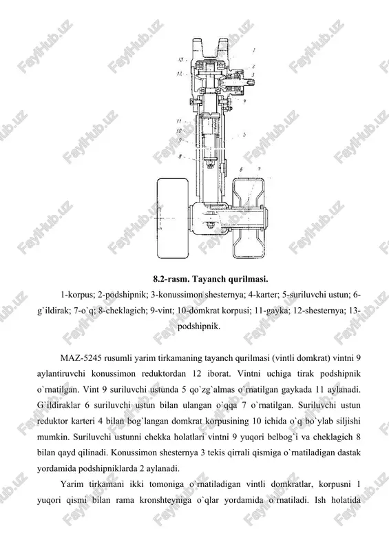 va yarim tirkama bo`ylama o`qlarining o`zaro hosil bo`lgan burchagi tasirida ishga tushadi. quyida ikki o`qli tirkamalarning qisqacha texnikaviy xarakteristikasi keltirilgan. rusumi maz-9398 maz-93866 maz-938662 tortuvchi avtomobil maz-6422 maz-64229 maz-642205 yuk ko`taruvchanligi,kg 26000 27500 22800 massasi, kg: shaylangan 6500 7500 8200 to`la 32700 35000 31000 platforma maydoni, m2 29,47 29,5 32,9 uch o`qli yarim tirkamalar avtopoezdlarni yuk ko`taruvchanligini oshiradi. bu yarim tirkamalarning ham komponovka sxemasi xilma-xil. 5 va 6 sxemalar burilmaydigan o`qli bo`lib, manevrchanligi past va shinalarning yoyilishi jadal. sxema 5 ko`priklardan birini oldiroqqa surilganligi va uni yuksiz harakatlanganda shinalarni eyilishini kamaytirish maqsadida ko`tarilib qo`yilishi evaziga aravani yuqori yuk ko`taruvchanligini taminlaydi. sxema 8 majburiy buriluvchi ketingi buriladigan ko`prik yoki o`zi o`rnatiluvchidir. manevrchanlikni aytarli darajada oshirishga 7 sxemada erishiladi. 8.4-rasmda maz-9389 uch o`qli yarim tirkamasining o`zi o`rnatiluvchi g`ildiraklarli ketingi o`q ko`rsatilgan. u konstruktiv avtomobilning oldingi boshqariluvchi ko`prigiga o`xshash ishlangan. 8.4-rasm. o`zi o`rnatiluvchi g`ildiraklarli ketingi o`q va blokirovkalash mexanizmi. 1-teskari klapan; 2-havo o`tkazgich; …