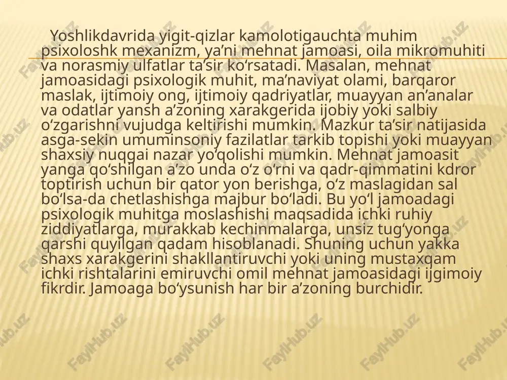 qarilik gashtini surayotgan kishilar. ularning bir guruhi moddiy boylikni ma’naviyat bilan qo‘shib olib borishga intilsalar, boshqalari to‘plangan moddiy boylik bilan qanoat hosil qiluvchilar, qolgan umrini xotirjam, zahmat chekmay o‘tkazishga ahdu paymon qilgan erkak va ayollardan iboratdir. mazkur yoshda yuzaga keladigan inqiroz ham mana shu ikkala omilning mahsuli hisoblanadi. b.a.grekov so‘z assotsiatsiyasi metodi asosida keksalarda xotira jarayonining xususiyatini tekshirgan. uning ma’lumotlarini quyidagicha ifodalash mumkin: 70—80 yoshlardagi keksalikda xotira (ayniqsa mexanik esda olib qolish) zaiflashadi; 70—89 yoshlarda mantiqiy-ma’noli xotirada miqdorning ahamiyati saqlanadi; obrazli xotira zaiflashadi; 70—89 yoshlarda xotiraning barqarorlik negizida ma’noning ichki aloqdsi yotadi; uzoq muddatli xotira kuchsizlanadi; 90 yoshda nutqning ichki bog‘lanishi buziladi; xotiraning obrazli, hissiy turlari nutqning tuzilishiga bo‘ysunmay qoladi. keksalikda er-xotin o‘rtasidagi munosabat yanada mustah- kamlanadi, yangi shakl va yangi sifat kasb etadi. muloqot kezida barcha taassurotlar, ma’lumotlar, kechinmalar, his-tuyg‘ular yuzasidan fikr almashadilar. bir-birlarini qumsash, hamdardlik kabi yuksak tuyg‘ular totuvlikni yanada mustahkamlaydi. keksalik davrining yana bir xususiyati boshqa kishilarga, …