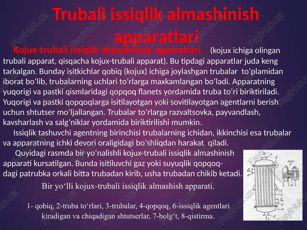 k tashuvchi agentlarning sarflanish miqdori kam bulganda xam ishlaydi. ularning afzalligi: issiqlik tashuvchi agentlar katta tezlikka ega bulganligi uchun issiqlik o‘tkazish koeffitsentining kiymati katta, apparatni tayerlash oson. zmeevikli issiqlik almashinish apparatlari bunday isitkichlarda 15…20 mm li trubalardan tayerlangan spiralsimon zmeeviklar suyuqlik bilan tuldirilgan idishga urnatiladi. (14.6-rasm, a). zmeevik trubalaridan gaz yoki bug‘ harakatlanadi. suyuqlik bilan tuldirilgan idishning xajmi katta bulgani va idish ichidagi suyuqlikning tezligi juda kichik bulgani uchun zmeevikning tashqi devori tomondagi bug‘ bilan suyuqlik orasidagi issiqlik berish koeffitsienti xam kichik kiymatga ega bo‘ladi. apparatning xajmini kamaytirish va suyuqlikning tezligini oshirish uchun uning ichiga stakanga uxshash idish tushiriladi. zmeevikli isitkich zmeevikli issiqlik almashinish qurilmalarining konstruktsiyasi sodda va arzon bulganligi uchun ular sanoatda keng kullaniladi. bu isitkichlarni tozalash, tuzatish oson hamda ular yuqori bosimda ximiyaviy aktiv muhitlarni isitish uchun xam ishlatiladi. zmeevik trubalarida harakatlanayotgan bug‘ning bosimi 0,2…0,5 mpa gacha bulganda zmeevik uzunligining truba diametriga nisbati 200-245 bulishi kerak. plastinali va …