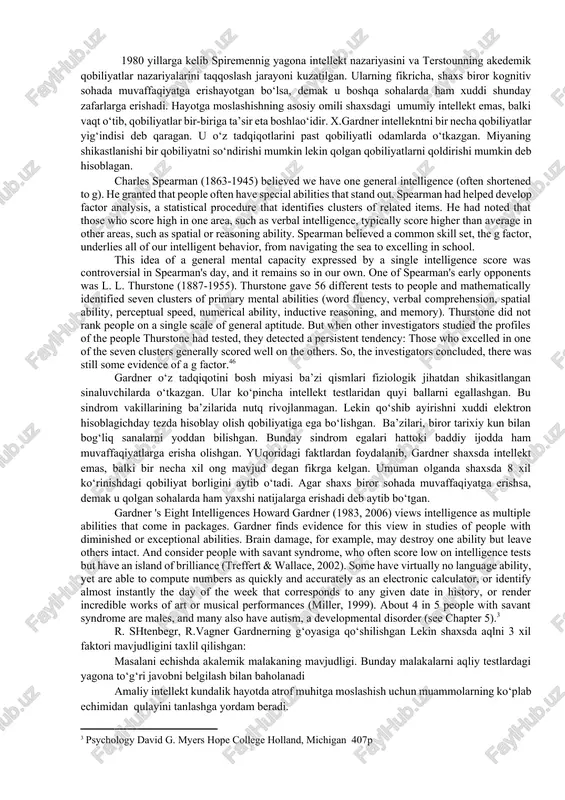 a o‘sha ma’lumotni real amaliyotda qo‘llashga va atrof muhitga moslashishga javob beradi. uchinichi nuqtai nazar egalari intellekt va kreativlik o‘zaro uzviy bog‘langan ikki xil faktordeb qarashadi. shaxsni orientirlashtirgan bu psixologiya vakillari a.maslau va boshqalar ijodiy qobiliyatni tan olishmagan. ijodiy faollik shaxsda qobiliyatga qaraganda, ba’zi shaxsiy xususiyatlarni (qiziqish, tavakkalchilik ) shakllantiradi. lekin bu faollikning namoyon bo‘lishi uchun shaxsda yuqori darajadagi intellektual qobiliyat mavjud bo‘lishi kerak . ularning fikricha, quyi intellektga ega bo‘lgan kishi hech qanday kreativlikka ega bo‘lmaydi. o‘rta intellekt sohiblari o‘rtacha kreativlik, iq koeffitsenti 120 dan ortiq bo‘lgan kishilar a’lo darajadagi kreativlikka ega bo‘lishishadi. evolyusiya nuqtai nazaridan intellekt va kreativlikning o‘zaro bog‘liqligini tahlil qilib ko‘raylik. intellektni go‘yo qolipga solingan, buyuk kashfiyotlarni yaratmaydigan moslashuvchi qobiliyat sifatida ko‘ramiz. intellektga faqat qaytarish xosdir. psixologlarning fikricha bu g‘oya noto‘ridir . sababi evolyusion rivojlanish nazariyasida insoniyatning antropogenez rivojlanishning asosiy omilini intellektining rivojlanishidadir deb aytib o‘tilgan. olovni o‘zlashtirish va qurollar yasash bunga misol bo‘la oladi. intellektni …