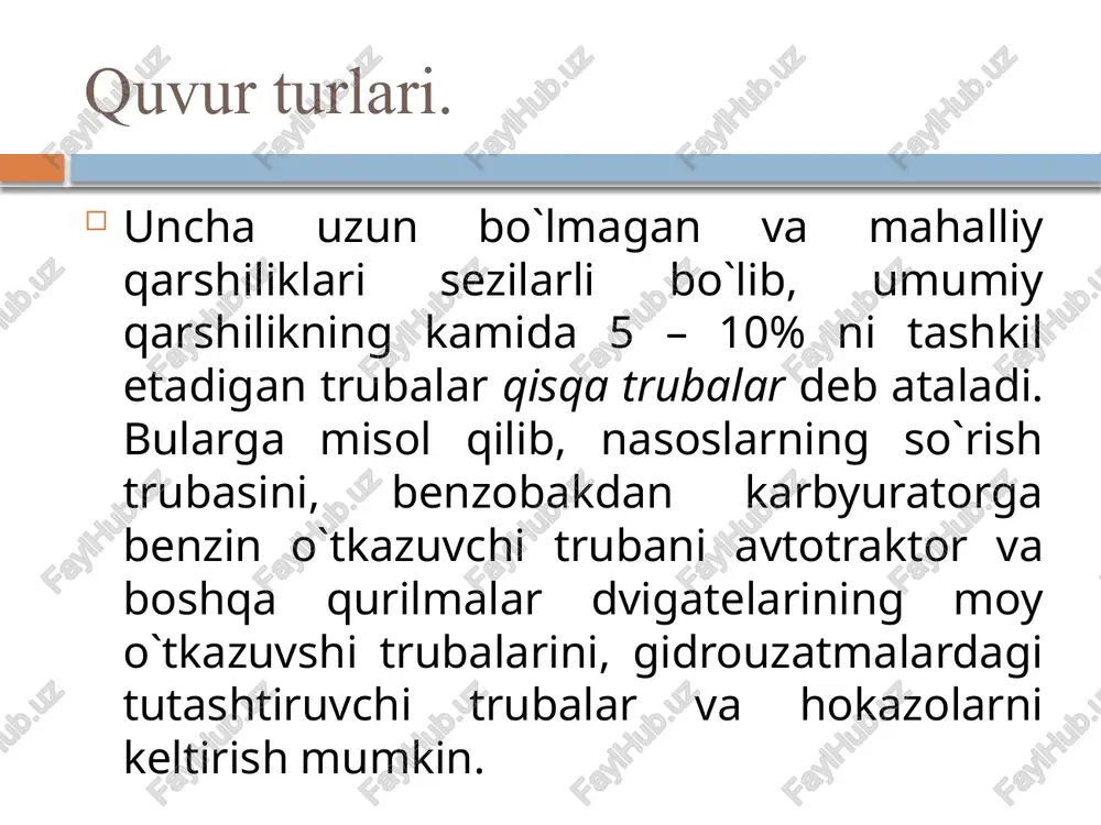 5-rasmda eng tejamli diametr uchun d5 ni olish kerak). trubaning diametri d topilgandan keyin, q va l ma'lum bo`lgan holda bosimni topish qiyin emas. yuqorida ko`rsatilgan usul juda murakkab va qiyin bo`lgani uchun undan odatda katta va murakkab truba sistemalarini loyhalashda foydalaniladi. trubaning tejamli diametrini topish haqida tushunsha tejamli qulay diametirni hisoblashga oid chizma. ba'zi hollarda taqribiy hisoblash uchun sodda formulardan ham foydalanish mumkin. trubadagi bosimning katta-kichikligiga qarab turli materiallardan qilingan tru­balar ishlatish mumkin. sifon truba bir qismi suyuqlik bilan ta'minlovchi idishdan yuqorida joylashgan sodda truba sifon truba deb ataladi. sifonni sodalashtirib ikki (ta'minlovchi va qabul qiluvchi) idishlarni tutashtiruvchi u ko`rinishdagi truba sifatida tasvirlash mumkin. bu holda uning egilgan qismi idishlardagi suyuqli sathlaridan h balanlikda bo`lib, undagi suyuqlik idishdagi suyuqliklar sathlarining farqi h hisobiga oqib turadi. trubalarni ketma-ket va prallel ulash ketma-ket va parallel ulangan trubalarni hisoblash sodda trubalarni hisob­lashga qaraganda murakkab bo`lib, u qaysi tartibda ulanganiga bog`liq. shuning uchun …