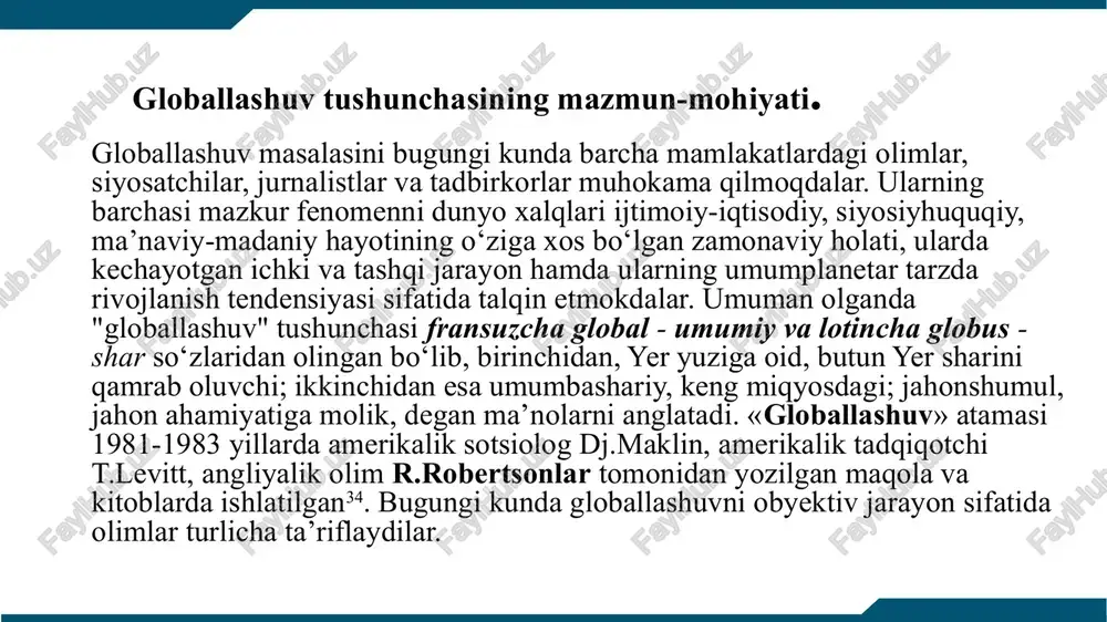 birqancha svetoforlar ishlash dasturini uzgartirib, natijalar ular qizil rangda yonish holati kuzatilgan. oqibatda jiddiy yul harakati trafiki buzilishi, probka va tez yordam xizmati faoliyati buzilishiga olib kelgan ukrainada elektrtarmog'i 2015 yil oxirida ukraina milliy elektrtarmog'i kiberxujum kuzatilib, natijada 600000 ortiq aholi elektrta'minotisiz qolgan. o'zbekiston respublikasi birinchi prezidenti i.a.karimovning “yuksak ma'naviyat-engilmas kuch” asarida quyidagicha ta'kidlaangan: “taassufki, ba'zan islom dini va diniy aqidaparastlik tushunchalarini bir-biridan farqlay olmaslik yoki g'arazli maqsadda ularni teng qo'yish kabi holatlar ham ko'zga tashlanmoqda. shu bilan birga, islom dinini niqob qilib, manfur ishlarni amalga oshirayotgan mutaassib kuchlar hali ongi shakllanib ulgurmagan, tajribasiz, g'o'r yoshlarni o'z tuzog'iga ilintirib, bosh-ko'zini aylantirib, ulardan o'zining nopok maqsadlari yo'lida foydalanmoqda. bunday nojo'ya harakatlar avvalo muqaddas dinimizning sha'niga dog' bo'lishini, oxir-oqibatda esa ma'naviy hayotimizga salbiy ta'sir ko'rsatishini barchamiz chuqur anglab olishimiz va shundan xulosa chiqarishimiz zarur kiberxavfsizlik kiberxavfsizlik kibermakonning barcha tashkil etuvchilarini har qanday tahdidlar, kiberxurujlar va kutilmagan ta'sirlardan himoyalanganlik holati majmuidir hozirgi davrda …