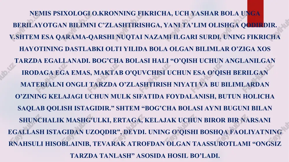 oniga katta diqqat bilan qaraydi. l.e.jurovaning fikricha, bolalami til olamiga o’rta bog'cha yosh davrida, ya’ni til xususiyatlarini ayniqsa, o’tkir his etish davrida olib kirgan ma’qul. l.e.jurova va n.v.durovalaming eksperimental tadqiqotlari shuni ko'rsatadiki, 4 yoshli bolalar nafaqat so’z tarkibidagi tovushlarni intonasion ajratib olishni, balki jarangli va jarangsiz undoshlami farqlashni, s.o’zdagi birinchi tovushni aytib berishni o’rgana oladilar. bu esa 5 yoshli bolalarda tovushlami tahlil etish ko’nikmalari rivojlanishining muhim zaruratidir. nutq juda erta bolaning va atrofdagilaming amaliy faoliyati bilan bog’lanib l.s.vigotskiy aytganidek, anchagina erta amaliy tafakkur vositasiga aylanadi. boshqacha qilib aytganda nutqning amaliy faoliyati bilan aloqadorlik shakllaridan biri bo'lajak harakatlami rejalashtirish, kechayotgan harakatlarga nutqning yotdosh bo’lishi va harakat natijalarini nutq vositasida ta'kidlab qo’yishda namoyon bo'ladi. bulaming bari esa aqliy faoliyatning shakllanishi uchun juda zarur. bog'cha yoshining oxiriga kelib, bolaning mustaqil faoliyati 2 bosqichdan iborat botadi: 1) og’zaki tarzda qaror qabul qilish va faoliyatni rejalashtirish; 2)tuzilgan reja va qabul qilingan qarorlarga muvofiq faoliyatni amalga …