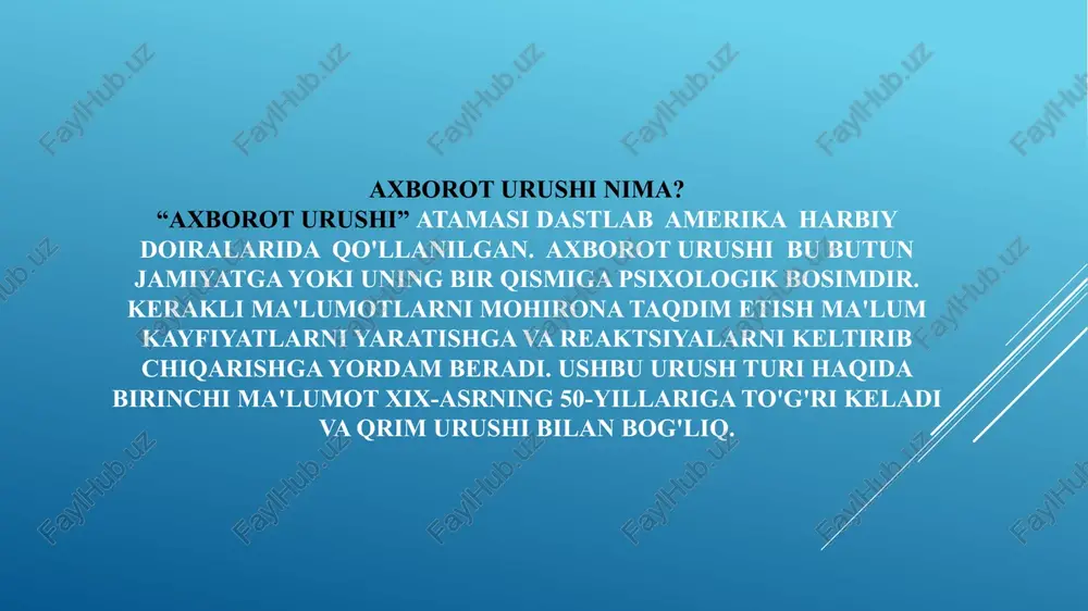 ma`naviyat tushunchalari, shu jumladan fuqarolarimizning vatanparvarligi axborot xurujlariga qarshi muhim omillardir. bu yo`nalishda amalga oshirayotgan ishlarimizni izchillik bilan davom ettirish axborot makonidagi siyosiy, mafkuraviy kurashlar birlashgan millatlar tashkilotining nizomida «urush to‘g‘risidagi g‘oyalar inson ongida paydo bo‘ladi, shuning uchun aynan inson ongida tinchlik to‘g‘risidagi g‘oyalarni shakllantirish lozim», deyilgan. darhaqiqat, tarixga nazar tashlansa «urush va tinchlik» g‘oyasi bir soniya bo‘lsa-da, unut bo‘lmagan. insoniyat paydo bo‘lganidan buyon 14 mingdan ziyod sodir etilgan katta va kichik urushlarda 3 mlrd. 64 mln. kishining yostig‘i qurigani, odamlar faqat 292 kungina urushlarsiz yashagani tarixiy haqiqat. i jahon urushida – 13 mln., ii jahon urushida – 60 mln., «sovuq urush» davrida esa – 100 mln ga yaqin inson halok bo‘lgan. ushbu urushlarda yarador, majruh bo‘lganlarning soni halok bo‘lganlardan 2–3 barobar ko‘p. urush – ofat, urush – taraqqiyot dushmani, urush – dushman qidirish demakdir. urush o‘z-o‘zidan paydo bo‘lmaydi, buzg‘unchi g‘oyalar va mafkuralar mahsulidir. buzg‘unchi mafkuralar ommaviy axborot vositalari orqali …