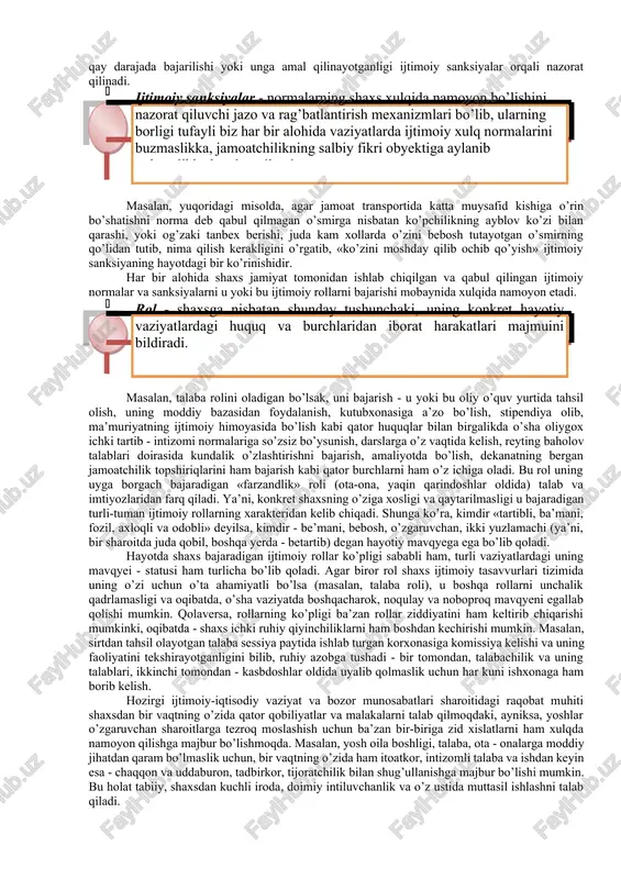 xulqini boshqarish ehtiyojlaridan kelib chiqadi. demak, inson jamiyat a’zosi sifatida uning normalariga bo’ysunadi, uning kutishlariga javob berishga harakat qiladi va o’z xulqini uning talablariga monand qilishga intiladi. shu nuqtai nazardan kelib chiqib, shaxs fenomeniga ta’rif berish mumkin. sh a x s - ijtimoiy va shaxslararo munosabatlarning mahsulii, ongli faoliyatning subyekti bo’lmish individdir. shaxsga taalukli bo’lgan eng muhim tasnif ham uning jamiyatdagi murakkab ijtimoiy munosabatlarga bevosita aloqadorlik, ijtimoiy faoliyatga nisbatan ham obyekt, ham subyekt bo’lishlikdir. shaxsga taallukli bo’lgan fazilatlardan eng muhimi shuki, u shu tashqi, ijtimoiy ta’sirlarni o’z ongi va idroki bilan qabul qilib (obyektni), so’ngra shu ta’sirlarning subyekti sifatida faoliyat ko’rsatadi. oddiy qilib aytganda, inson bolasi ilk yoshlikdanok «mening hayotim», «bizning dunyo» degan ijtimoiy muhitga tushadi. bu muhit o’sha biz bilgan va har kuni his qiladigan siyosat, huquq, axloq olamidir. bu muhit - kelishuvlar, tortishuvlar, hamkorliklar, an’analar, udumlar, turli xil tillar olami bo’lib, undagi ko’plab qoidalarga ko’pchilik mutloq qo’shiladi, ba’zilar …