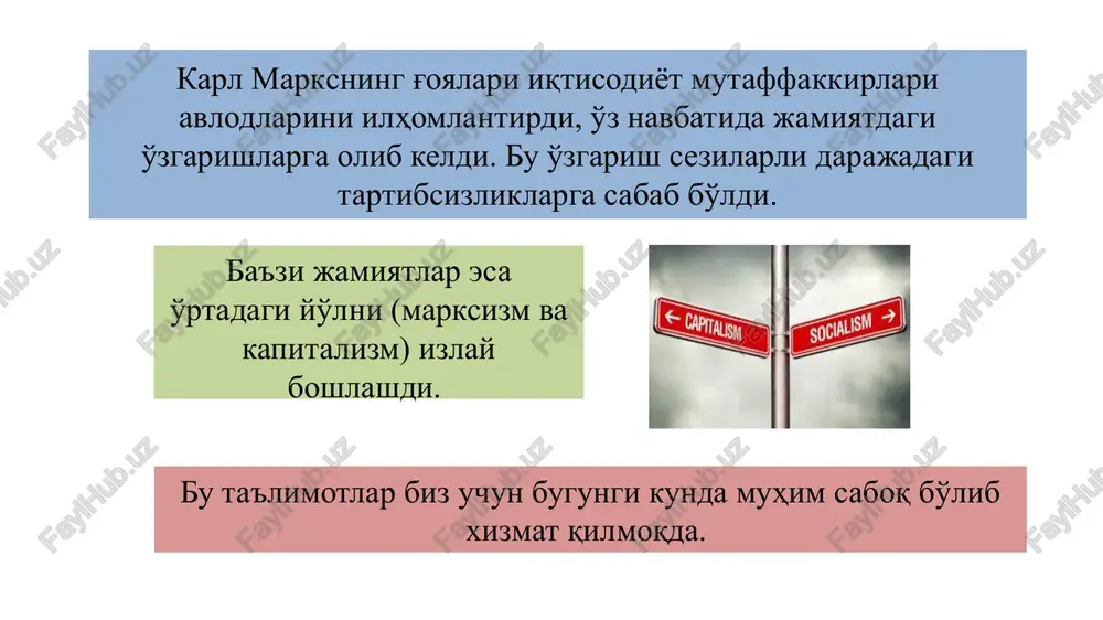 . qo'shimcha qiymat kapitalist tomonidan o'zlashtiriladi. demak, ish kuni ikki qismga bo'linadi: marks nazariyasiga muvofiq yollanma ishchi kapital egasiga maxsus tovar o'z “ish kuchi”ni to'liq qiymati bo'yicha sotadi “ishchi kuchi” kapital egasi tomonidan o'zlashtiriladi ishchi o'z “ish kuchi” qiymatidan ko'proq qiymatga ega tovarlar yaratadi “ish kuchi” qiymati va undan foydalanib yaratilgan tovarlar qiymati o'rtasidagi farq qo'shimcha qiymat deyiladi. qo'shimcha qiymat kapital egasiga tegishli bo'ladi. kapital egalarining ishchilar ustidan hukmronlik qilishi yuz beradi k.marks ushbu holat sinflar o'rtasida kurashlarga olib keladi, deb hisoblaydi ish haqi k.marks ish haqini klassik siyosiy iqtisodchilar singari mehnat uchun to'lanadigan haq deb emas, balki ishchi kuchi uchun to'lanadigan haq, deb tushuntiradi ish haqi ishchi va oilasining hayot kechirishi uchun zarur bo'lgan tovarlar miqdoriga teng bo'ladi. ish haqi darajasi mehnat unumdorligiga bog'liq bo'lib, u o'z navbatida, ishlab chiqarishning texnologik jihatdan takomillashuvi sababli ro'y beradi. ish haqi o'smaydi, negaki texnik taraqqiyot ishchi kuchining doimiy ortiqchaligini keltirib chiqaradi. ishchi …