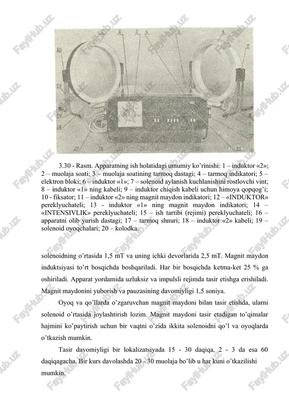 , dientsefal sindrom. qo’llash texnikasi: tasir etish zonasiga ko’ra muolaja bemorning yotgan yoki o’tirgan holatiga o’tkaziladi. induktordan 10 sm uzoqlikda metall buyumlarni saqlash kerak. kontaktli usulda induktor to’g’ridan – to’g’ri bemor tanasiga o’rnatiladi. bo’shliq uchun mo’ljallangan induktor 96% li spirt bilan ishlov beriladi. bo’shliqga kiritilib tasma bilan mahkamlanadi. tasir davomiyligi 15 - 30 daqiqa. muolaja har kuni o’tkaziladi, davolash kursi 15 - 20 kun. 3.4.10-§.o’tayuqori chastotali apparatlar o’ta yuqori chastota (o’yuch) diapazonidagi elektromagnit to’lqinlardan foydalanishga asoslangan fizioterapevtik uslublar, to’lqin uzunligiga bog’liq holda ikki xil ataladi: mikroto’lqinli terapiya (chastotasi 2375 mgts, to’lqin uzunligi 12,6 sm) va dtst-terapiya, yani detsimetr to’lqinli terapiya – chastotasi 460; 433; 915 mgts, to’lqin uzunligi 65,2 sm. hozirgi vaqtda o’yuch maydonlarning biologik obektlarga issqlik tasiri to’g’risidagi nazariya eng ko’p ishlab chiqilgan. elektrmagnit to’lqin moddaning molekulalarini qutblab va ularni davriy ravishda elektr dipol kabi qayta orientatsiyalaydi. bundan tashqari, elektrmagnit to’lqin biologik sistemaning ionlariga tasir etadi va o’tkazuvchanlik o’zgaruvchan …