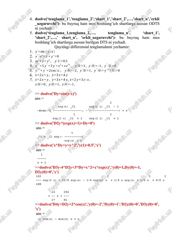 dy=koshi_masalasi(t,y) dy=2*y+cos(t); end bu kodni kerakli joyga yozib saqlaganimizdan kiyin ishga tushurishimiz mumkin. misol uchun >> koshi_masalasi(2,5) ans= 9.5839 >>koshi_masalasi(0,0) ans= 1 >>koshi_masalasi(-5,4) ans= 8.2837 endi ode45 matlab funksiyasidan foydalanib koshi masalasini yechimini [15,20] oraliqda sonli qiymatlarini hisoblaymiz va uning grafigini quramiz. ode45 funksiyasi bizga ikki o’lchovli vector qiymat qaytaradi. ulardan birinchisi t ning qiymati, ikkinchisi y ni qiymati. ode45 funksiyasining yozilishi quydagicha [t,y]=ode45(@m-fayl_nomi,[boshlang’ich_vaqt, oraliq_vaqt],boshlag’ich_qiymat) bir o’zgaruvchili koshi masalasi uchun quydagicha yoziladi [t,y]=ode45(@koshi_masalasi,[15,20],2) yoki [t,y]=ode45(‘koshi_masalasi’,[15,20],2) endi grafikni tasvirlaymiz. buning uchun plot(t,y) buyrug’ini berish kerak >>plot(t,y) 5. m-file da dasturlash. shartli operator matlabda dasturlash komandalar rejimida amalga oshiriladi. bu tizim shunday tuzilganki, hisoblash uchun ishlatiladigan o’zgaruvchilarni qiymati berilmagan bo’lsa, ularni ustida har qanday amalni bajarish mumkin bo’lmay qoladi. tayinlash operatori sifatida o’zgaruvchilarga qiymat berish komandasi bo’lgan oddiy “=” tenglik belgisi ishlatiladi. demak, tayinlash operatori qiymat o’zlashtiruvchi har bir o’zgaruvchi va funksiyalarning qiymatlarini aniqlashda ishlatiladi. matlabda har bir foydalanuvchi uchun dastur tuzish …