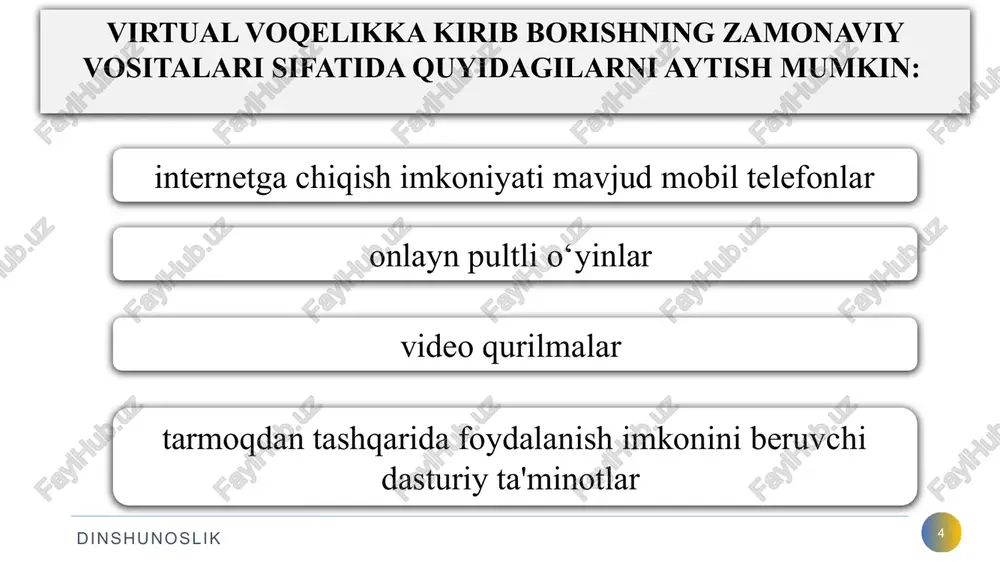 b oqimlarning g‘arazli niyatlarini amalga oshirishiga zamin yaratadigan omillardan biriga aylandi. 3 mamlakatimiz hududiga yashirin tarzda olib kirilayotgan ekstremistik ruhdagi adabiyotlar, internet tarmoqlarida tarqatilayotgan materiallardan ta'sirlanayotgan va to‘g‘ri yo‘ldan adashayotganlarning borligi ham buni tasdiqlaydi. yoshlar va internet 16 dinshunoslik yoshlar hayotida global tarmoqning o‘rni tobora oshib bormoqda internet dunyoning turli nuqtalarida yashovchi odamlarning o‘zaro muloqotini hamda axborot almashinuvini mukammal darajada osonlashtirdi statistik ma'lumotlarga ko‘ra, dunyo bo‘yicha internetdan eng ko‘p foydalanuvchilar aynan 21 dan 30 yoshgacha bo‘lgan yoshlar hisoblanar ekan . yoshlarni internet va ijtimoiy tarmoqlardagi axborot xurujlaridan asrashning dolzarb masalalari 17 dinshunoslik 17 o‘zbekistonda ham internet tizimi rivojlanib, undan foydalanuvchilar safi jadal sur'atlar bilan kengayib bormoqda. so‘nggi o‘n yilda global tarmoqdan foydalanuvchilar o‘n barobarga oshgan. tarmoq orqali axborot izlash, qabul qilish, uzatishning juda qulay va ommabopligi undan foydalanuvchilar sonining tobora ortib borishini ta'minlamoqda. mamlakatimizda 2021 yilning yanvar oyi holatiga ko‘ra internetdan foydalanuvchilar soni (mobil internet foydalanuvchilari bilan qo‘shib hisoblaganda) 24,7 …