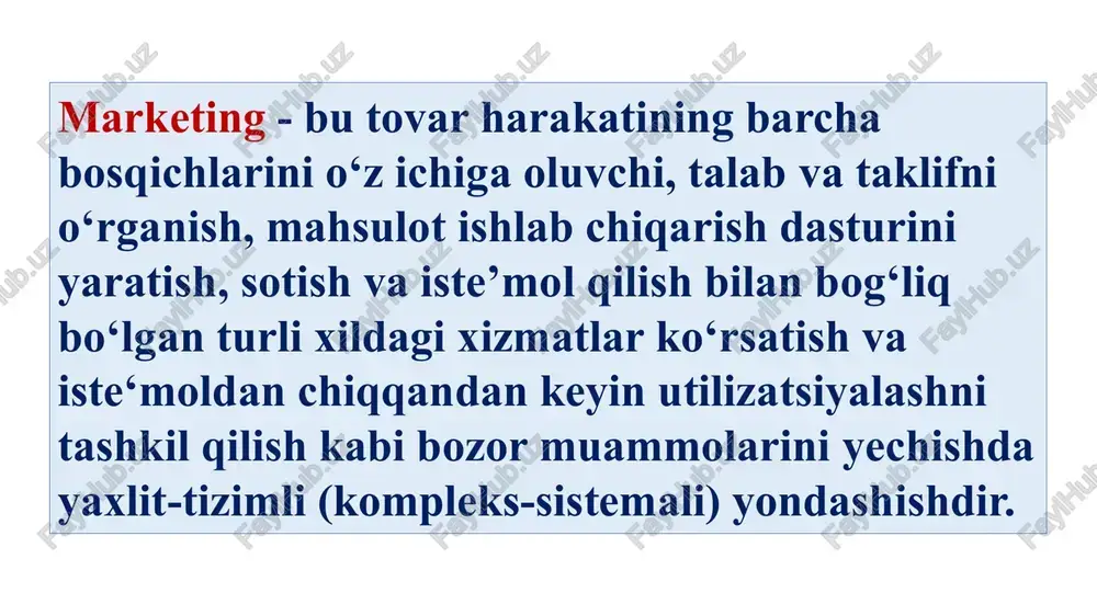 zorat qilishda muhim ahamiyat kasb etadi. marketing asosida bozorni har taraflama o‘rganish yo‘nalishlarining asosiylaridan quyidagilarni ko‘rsatib o‘tish zarur: • talabni o‘rganish; • bozor tarkibini aniqlash; • tovarni o‘rganish; • raqobat sharoitlarini tadqiq qilish; • sotish shakli va uslublarini tahlil etish. marketing tadbirkorlik faoliyatining bozorda ishlash uslubi bo‘lib, iste’molchilar va ularning talab istaklarini o‘rganish, ularga mos tovarlar yaratish, narx belgilash, tovarlarni yetkazib berish, taqdim etish, sotish, xizmat ko‘rsatishni uyushtirish usullari, vositalari, tartib-qoidalari majmui hisoblanadi. bularning hammasi birinchi asosiy maqsadga talab bilan taklifni o‘zaro muvofiqlashtirishga xizmat qiladi. marketing – iste‘molchilar, bozorning aniq segmentlari talabini hisobga olish, aniqlangan talablarga mos yangi tovarni ishlab chiqish, rag‘batlantirish va reklama tadbirlari asosida uni sotishni tashkil qilish hamda tovarlar harakatini aniqlash konsepsiyasidir. konsepsiya (lot. conceptio — majmua, tizim) — biror sohaga oid qarashlar, tamoyillar tizimi, fakt va hodisalarni tushunish, anglash va izohlashning muayyan usuli, asosiy nuqtai nazar; jahon amaliyoti tajribalari asosida o‘tkazilgan izlanishlar va statistik ma’lumotlar shuni …