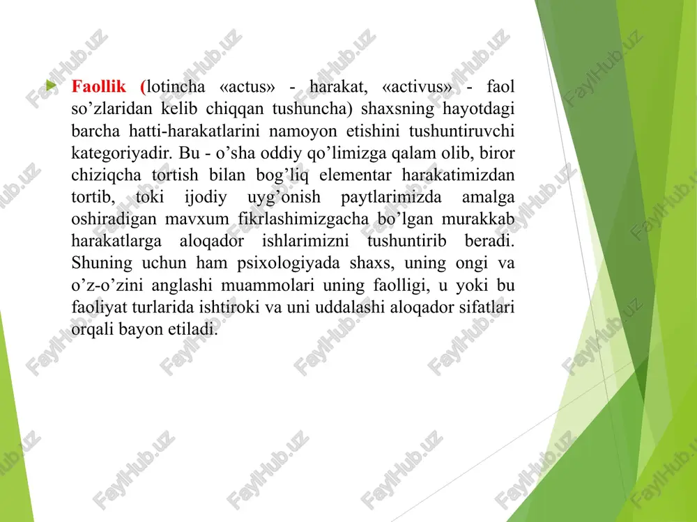 o’yin - shunday faoliyat turiki, u bevosita biror moddiy yoki ma’naviy ne’matlar yaratishni nazarda tutmaydi, lekin uning jarayonida jamiyatdagi murakkab va xilma-xil faoliyat normalari, harakatlarning simvolik andozalari inson tomonidan o’zlashtiriladi. o’qish faoliyati ham shaxs kamolotida katta rol o’ynaydi va ma’no kasb etadi. bu shunday faollikki, uning jarayonida bilimlar, malaka va turli ko’nikmalar o’zlashtiriladi. mehnat qilish ham eng tabiiy ehtiyojlarga asoslangan faoliyat bo’lib, uning maqsadi albatta biror moddiy yoki ma’naviy ne’matlarni yaratish, jamiyat taraqqiyyotiga hissa qo’shishdir. har qanday kasbni egallash, nafaqat egallash, balki uni mahorat bilan amalga oshirishda faoliyatning barcha qonuniyatlari va mexanizmlari amal qiladi. oddiygina biror kasb malakasini egallash uchun ham unga aloqador bo’lgan ma’lumotlarni eslab qolish va kerak bo’lganda yana esga tushirish orqali uni bajarish bo’lmay, balki ham ichki (psixik), ham tashqi (predmetga yo’naltirilgan) harakatlarni ongli tarzda bajarish bilan bog’liq murakkab jarayonlar yotishini unutmaslik kerak. lekin har bir shaxsni u yoki bu faoliyat turi bilan shug’ullanishiga majbur qilgan psixologik …