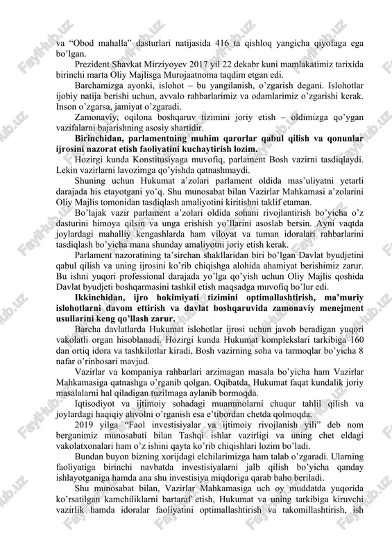 rlandi. shuningdek, 107 ta maktabgacha ta’lim muassasasi rekonstruksiya qilindi va qurildi, 195 ta bog’cha kapital ta’mirlandi. farzandlarimiz tarbiyasida eng asosiy bo’g’in hisoblangan maktabgacha ta’lim tizimining jamiyatimiz hayotidagi katta o’rni va ahamiyatini e’tiborga olib, maktabgacha ta’lim vazirligini tashkil etildi. ushbu sohaning moddiy-texnik bazasini mustahkamlashimiz, jumladan, yaqin 3-4 yilda barcha hududlarda minglab yangi bog’chalar qurishimiz, ta’lim-tarbiya sifati va darajasini yangi bosqichga ko’tarishimiz lozim. ko’plab ota-onalar, o’qituvchi va o’quvchilar hamda keng jamoatchilik tomonidan bildirilgan takliflar asosida yurtimizda 11 yillik ta’lim qayta tiklandi. joylardagi o’qituvchilarga bo’lgan ehtiyojni qoplash uchun toshkent viloyatida chirchiq davlat pedagogika instituti tashkil etildi. bundan tashqari, 15 ta oliy ta’lim muassasasida tashkil etilgan maxsus sirtqi bo’limlarda o’rta maxsus ma’lumotga ega bo’lgan 5 mingdan ortiq pedagoglar uchun oliy ma’lumot olish imkoniyati yaratildi. ta’lim tizimidagi innovasiya va kreativ yondashuvlar asosida muhammad xorazmiy va mirzo ulug’bek nomlari bilan ataladigan, aniq fanlar chuqur o’qitiladigan maxsus maktablar tashkil etildi. oliy ta’lim tizimini yanada takomillashtirish borasida ham …