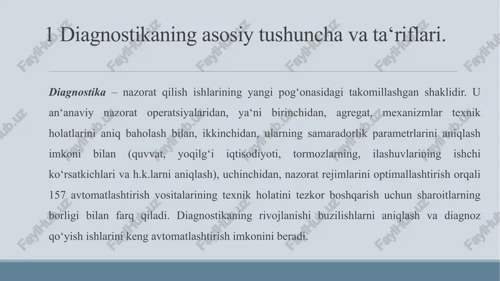 karor kabul qilish uchun xizmat qiladi. u jamg‘arma xaritani to‘ldirishda dastlabki hujjat bo‘lib hisoblanadi. jamg‘arma xarita avtomatlashtirish vositasi ekspluatatsiyasi jarayonida diagnostik parametrlarning o‘zgarishi to‘g‘risidagi axborotni yig‘ish, qoldiq resursni va ikki nazorat o‘rtasidagi buzilmasdan ishlash extimolligini prognoz qilish uchun axborot yig‘ishga mo‘ljallangan. bu xarita har bir avtomatlashtirish vositasi uchun ochilib, toki uni hisobdan chiqargungacha to‘ldirib boriladi. diagnostikaning rivojlanish istiqbollari, chet el tajribasi oxirgi yillarda avtomatlashtirilgan diagnostika tizimlari (adt) ishlab chiqilmoqda, ularning axborot hajmi 80...100 parametr atrofida yetadi. diagnostika qilinayotgan avtomatik tizimidan axborot oqimi ko‘p datchiklar yordamida operatorga tushadi, bu yerda axborot qayta ishlanadi, tahlil etiladi va qaror qabul qilinadi. diagnostika jarayonining shakli ikki bosqichdan iborat: a) datchiklar yordamida diagnostik axborotni olish; b) diagnostik xulosa chiqarish uchun axborotga ishlov berish. diagnoz qo‘yish postlari ishlarini xronometraj qilish natijasida quyidagilarni ko‘rsatdi: -avtomatik tizimi diagnostika postida turish vaqtining 60 ... 65% foizi yordamchi operatsiyalarga -diagnostika natijalariga ishlov berish va rasmiylashtirishga ketar ekan. bu muammoni yechishdagi …