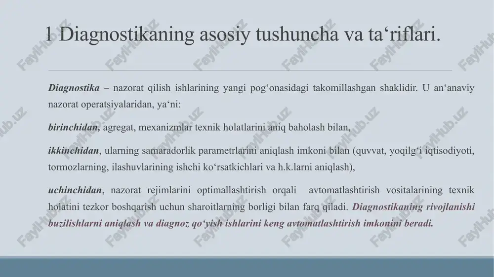 karor kabul qilish uchun xizmat qiladi. u jamg‘arma xaritani to‘ldirishda dastlabki hujjat bo‘lib hisoblanadi. jamg‘arma xarita avtomatlashtirish vositasi ekspluatatsiyasi jarayonida diagnostik parametrlarning o‘zgarishi to‘g‘risidagi axborotni yig‘ish, qoldiq resursni va ikki nazorat o‘rtasidagi buzilmasdan ishlash extimolligini prognoz qilish uchun axborot yig‘ishga mo‘ljallangan. bu xarita har bir avtomatlashtirish vositasi uchun ochilib, toki uni hisobdan chiqargungacha to‘ldirib boriladi. diagnostikaning rivojlanish istiqbollari, chet el tajribasi oxirgi yillarda avtomatlashtirilgan diagnostika tizimlari (adt) ishlab chiqilmoqda, ularning axborot hajmi 80...100 parametr atrofida yetadi. diagnostika qilinayotgan avtomatik tizimidan axborot oqimi ko‘p datchiklar yordamida operatorga tushadi, bu yerda axborot qayta ishlanadi, tahlil etiladi va qaror qabul qilinadi. diagnostika jarayonining shakli ikki bosqichdan iborat: a) datchiklar yordamida diagnostik axborotni olish; b) diagnostik xulosa chiqarish uchun axborotga ishlov berish. diagnoz qo‘yish postlari ishlarini xronometraj qilish natijasida quyidagilarni ko‘rsatdi: -avtomatik tizimi diagnostika postida turish vaqtining 60 ... 65% foizi yordamchi operatsiyalarga diagnostika natijalariga ishlov berish va rasmiylashtirishga ketar ekan. bu muammoni yechishdagi …
