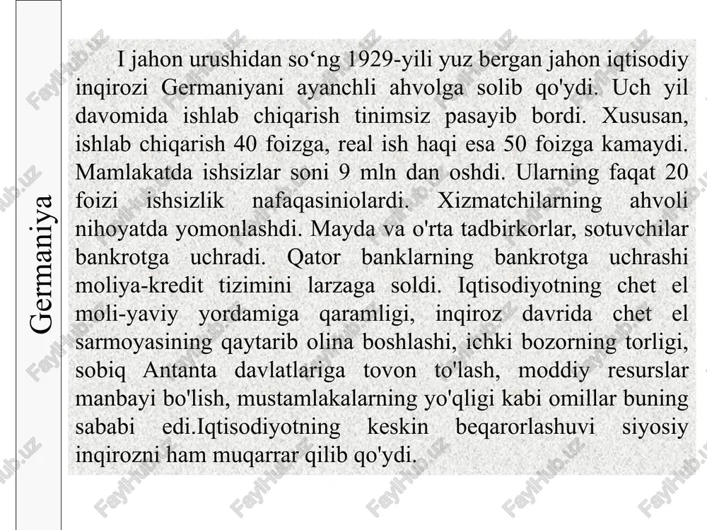 tlar o‘ch olish ishtiyoqida yonmoqda edi. biroq 20-yillarda hamyevropada patsifistik kayfiyat va urushga qarshi harakat hali kuchli edi. buyuk davlatlar hukmron doiralari istaydilarmi, yo‘qmi, bu omil bilan hisoblashishga majbur edilar. shuningdek bu davrda sssr ham yevropa davlatlari bilan diplomatik aloqalarni yoʻlga qoʻyish davri boʻldi. sovet davlati buyuk davlatlar o‘rtasidagi va ular bilan boshqa davlatlar o‘rtasidagi ziddiyatlardan ustalik bilan foydalana oldi. g‘arb davlatlari sovet davlatini yakkalab qo‘yishga intilsalar-da, u 1922-yilning aprel oyida genuyaga yaqin joy — rapalloda germaniya bilan shartnoma imzolashga muvaffaq bo‘ldi. shartnomaga ko‘ra, tomonlar bir-biriga nisbatan barcha da’volardan, jumladan, qarz va tovonlardan ham voz kechdilar. 1924-yil sovet davlatini yevropaning barcha mamlakatlari tan oldilar. buyuk davlatlar tashabbusi bilan 1925-yilda lokarno konferensiyasida imzolangan «reyn kafolat pakti»ga sovet davlati keskin norozilik bildirdi. chunki, bu paktga ko‘ra, buyuk davlatlar belgiya va gollandiya chegaralari daxlsizligini kafolatlaganlari holda, bunday kafolat sharqiy yevropa davlatlari uchun joriy etilmadi. sovet davlati esa, o‘z chegaralari xavfsizligini ta’minlash maqsadida, germaniya, …
