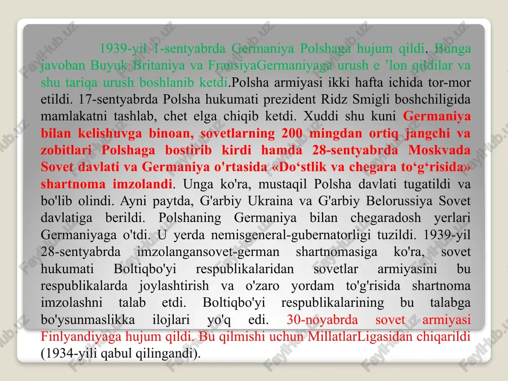 sosiy frontiga aylandi. germaniya dastlab sovet armiyasiga qaqshatqich zarba bera oldi. bunga armiyaning 40 mingga yaqin rahbarlar tarkibi repressiya qilinganligi,i. stalinning germaniya buyuk britaniyaga qarshi urushni tugallamay turib,ikkinchi frontda urush qilolmaydi, degan ishonchi sabab bo‘ldi. shuninguchun ham u armiyani to‘la harbiy tayyorgarlik holatiga keltirish haqidabuyruq bermagan edi. i. stalin hatto sovet razvedkasining aniq ma’lumotlarini ig‘vogarlik, deb hisoblagan edi. sovetlar armiyasi mardlarcha qarshilikko‘rsatib, qadam-baqadam chekinishga majbur bo‘ldi, lekin juda katta talafotlar berildi.1941-yilning qishiga kelib nemis armiyasi boltiqbo‘yi, moldova, ukraina,belorussiyani egalladi, leningrad shahrini blokada qildi. moskvaga esayaqinlashib qolgan edi. biroq germaniya o‘z maqsadiga erisha olmadi. u6—7 hafta ichida urushni tugallashni rejalashtirgan edi.1941-yilning dekabr oyida sovet armiyasi qarshi hujumga o‘tishga muvaffaqbo‘ldi. bu hujum natijasida nemis armiyasi moskvadan 100—250 kmgacha uzoqlikka uloqtirib tashlandi. moskva ostonalarida erishilgang‘alaba germaniyaning yashin tezligidagi urush rejasini barbod qildi. 1941-yili 7-dekabr kuni yaponiya harbiy-dengiz flotiaviatsiyasi aqshning gavay orollarida joylashgan pirl-xarbor buxtasida joylashgan harbiy-dengiz kuchlariga hujum boshladi. aqsh floti katta talafot …