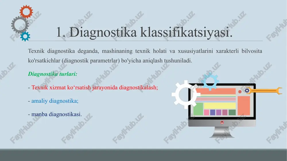 avtomatlashtirish sharoitida texnik diagnostika ? 5 . avtomatlashtirish tizimlarining sifatini baholash uchun testlarning asosiy turlari ? 6 . diagnostikalash usullari ? 7 . texnologik jihozlarni diagnostika qilishning asosiy usullari va vositalari ? 8 . diagnostikalash effektivligi nima ? 2. avtomatlashtirish sistemalarning diagnostikasi . texnik diagnostika deganda , aj ish rejimlarida ( yoki holatlarida ) usullar ishlab chiqarish va inkor qilishni qidirish qurilmalari , tizimlarda defektlarni toppish va bartaraf etish va ularni lokalizatsiyalash tushuniladi . diagnostika tizimini yaratish uchun sizga quyidagilar kerak : • tashxis turi va usulini aniqlash ; • kuzatiladigan parametrlarni sozlash ; • tizimning holatini aniqlash uchun algoritmni tanlash yoki ishlab chiqish ( tasniflash algoritmi ); • diagnostika tizimining texnik amalga oshirilishini amalga oshirish . diagnostikalash testli va funksionalli bo‘ladi testli diagnostikalash tizimning texnik holatini testli ta‘sir yordamida tekshirish imkoniyatini beradi . test orqali tizimning parametrlari va uning elementlari va ularning berilgan qiymatdan og‘ish sabablari tekshiriladi . diagnostikalash …