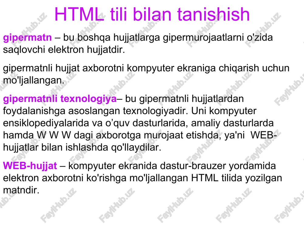 cite=“url” –hikmatli so'z manbai) … manzil mantiqiy va fizik formatlash teglari birgalikda kelishi mumkin. bloknotda web-sahifalar yaratish. shaxsiy papkada sayt fayllari uchun alohida papka yaratilsin. bloknot dasturi ochilsin. unda web-sahifa matni yozilsin. ushbu matn mazkur papkaning ichida ixtiyoriy nom bilan.html kengaytmada saqlansin. shu papkaga o'tilsin. hujjat yoki belgisiga ega bo'lishi kerak ushbu hujjat ochilsin. (brauzer ochiladi). agar hujjatga o'zgartirish kerak bo'lsa, u holda komandu vidprosmotr html-koda buyrg'i bajarilsin. web-sahifa matni bloknotda ochiladi. matnga o'zgartirish kiritilsin. saqlab(ctrl+s), brauzerga o'tgandan so'ng obnovit tugmasi bosilsin. darsda web-hujjat tuzilmasi va asosiy buyruqlari bilan tanishildi. eng sodda web-hujjatlarni qanday qilib yaratish mumkinligi to'g'risida ma'lumot berildi. topshiriq: ixtiyoriy mavzuda ikkita veb-sahifa yaratilsin. 1.birinchisida fizik formatlash uslublari (shrift, kursiv va h.k) qo'llanilsin, fon rangli bo'lsin. 2. ikkinchisiga mantiqiy formatlash uslublari tadbiq etilsin. fon sifatida fayldan olingan rasmdan foydalanilsin. o% nepebil wa 050 pl... [=i es gein ieee ba ietrerme gee >] ore) 2) few aapec: 3npanctpyiire, sto …