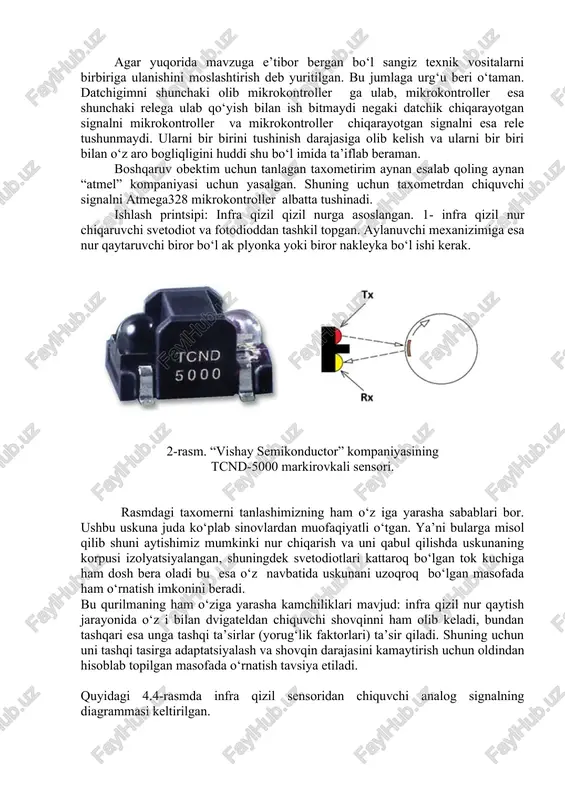hisobiga uning bosib o‘tgan masofasi ko‘rsatiladi). taxometrning ko‘plab turlari mavjud. masalan ba’zi taxometrlar obektga yaqin o‘rnatiladi, ba’zilari esa masofadan nur orqali boshqariladi (nurlar kesilishiga qarab). shu bois ham bir qurilmamizda dvigatelning aylanishlar sonini hisoblash uchun “taxometrdan” foydalanamiz. aylanishlar sonini ko‘rsatuvchi display haqida ko‘p ham to‘xtalmaymiz chunki uning ichki tuzilishi bizga muhim emas. uning asosiy vazifasi biz ishonch hosil qilishimiz uchun aylanishlar sonini ko‘rsatib turadi holos. endi yana bir masala barcha biz tanlagan qurilmalarni bir biri bilan qanday boq‘lash mumkin? u qanday ishlaydi? kabi savollarga javob beraman. biz taklif qilayotgan taxometirim kontaktsiz (bez kontaktny) bo‘l ib u dvigatel bilan yaqin masofada joylashtirilmagan. aynan bunday qarorga kelishimning asosiy sababi agarda texnik nosozlik sababli dvigatel qizishni boshlasa yoki yong‘in holati sodir bo‘ladigan bo‘lsa, dvigatel bilan birga taxometr ham nosoz holatga kelib qoladi. biz tanlagan taxometr esa dvigatelga anchagina uzoqroq masofada bo‘l gani bois, dvigatel ishdan chiqsa ham u taxometrga ta’sir ko‘rsata olmaydi. agar …