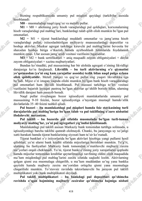 ul miqdori kamayadi, qiymati pasaysa, pul miqdori ko’payadi. qog’oz pul muomalasi qonunlari oltin pul muomalasidan farq qilib, uni quyidagicha ifodalash mumkin: - qog’oz pul qancha miqdorda chiqarilmasin, unda belgilangan qiymat miqdori muomala uchun zarur bo’lgan oltin pul miqdorining qiymatiga teng bo’ladi; - qog’oz pulning har bir birligida belgilangan qiymat miqdori muomala uchun zarur bo’lgan oltin pul qiymatining muomalaga chiqarilgan qog’oz pul miqdori nisbatiga mos keladi. qog’oz pul tizimi amal qilib turgan davrdan buyon o’tgan real iqtisodiy hayot shuni ko’rsatadiki, oltin pul muomaladan chiqarilgan va qog’oz pullarning oltin pul bilan aloqasini yo’qotishga rasman urinilgan bo’lsada, uning nominal qiymat belgisi sifatidagi harakatida oltin pul bilan bo’lgan aloqasi hozirgacha ob’ektiv ravishda saqlanib qolgan. faqat u modifikatsiyalashib, murakkablashib bormoqdaki, natijada uni mantiqiy mushohada qilish orqali tushunish ancha qiyinlashadi. shuning uchun ham qog’oz pullar har bir davlatning maxsus qonuni bilan muomalaga chiqariladi. bu qonunda pulning belgisi, birliklari, miqyoslari va chet el valyutalari bilan rasmiy almashuv …