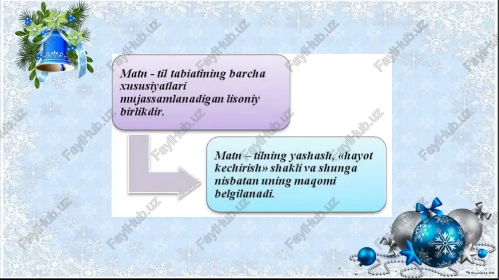 amaliy ko'rsatmalar tarqatadilar, intervyularni nashr etadilar, latifalarni yozadilar, she'rlar, hikoyalar, romanlar va hatto romanlarni yozadilar. bu tarmoqdagi insoniyatning faoliyatining to'liq ro'yxati emas, ammo umumiy tarkibiy qism mavjud - har doim ham oz yoki ozroq diqqat bilan tasdiqlangan tuzilmalar mavjud. topshiriq: klaster usulidan foydalanib badiiy matnni guruhlarga ajrating. badiiy matn turlari foydalanilgan adabiyotlar n. jiyanova, o. mo‘ydinova . nutq madaniyati , ilm ziyo zakovat, 2019 xolmonova z. adabiy tildan ma’ruzalar umumlashmasi , o‘zbekiston, 2013. qo‘ng‘urov r., begmatov e., tojiyev y. nutq madaniyati va uslubiyat asoslari. fan. 1992. husanov n., rasulov, mo‘ydinov q.. nutq madaniyati va notiqlik san`ati, iqtisod- moliya. 2006. m. axmedova , nutq madaniyati va professional notiqlik, tatu, 2017 stephen bailey. akademic writing. handbook for international student`s. london.2015. image2.jpeg image3.png image1.jpeg matn - til tabiatining barcha xususiyatlari mujassamlanadigan lisoniy birlikdir. | matn — filning yashash, «hayot kechirish» shakli va shunga nisbatan uning maqomi belgilanadi. /docprops/thumbnail.jpeg ‘matn va uning turlari. matn …