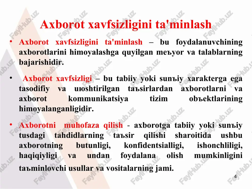 lari va usullariga o'rgatish, konfedentsial axborot tashuvchilar bilan amaliy ishlash ko'nikmalarini shakllantirish. * axborotni muhofaza qilish usullari hisobga olish axborotni muhofaza qilishning muhim usullaridan biri bo'lib, konfedentsial ma'lumotlar tashuvchilarning hamda undan foydalanuvchilarning ixtiyoriy vaqtda qaerda joylashganligi haqida ma'lumot olish imkonini beradi. ushbu usulsiz himoya muammosini hal etish juda qiyin. kodlash – himoyalanuvchi axborotni raqibdan yashirish maqsadida, axborotni kanal orqali uzatish jarayonida o'zgalar tomonidan tutib olinishi xavfi mavjud bo'lganda, uni kodlash usuli yordamida ochiq matnni shartli axborotga aylantirish usulidir. kodlash uchun odatda belgilar to'plami, shuningdek axborotni tushunarsiz belgilar to'plami ko'rinishiga aylantirish imkonini beruvchi ma'lum qoidalar tizimi foydalaniladi. axborotni kodlash texnik vositalar yordamida yoki qo'lda amalga oshirilishi mumkin. shifrlash – axborotni muhofaza qilish usuli bo'lib, ko'pincha axborotlarni radioqurilmalar vositasida uzatishda, raqib tomonidan tutib olish xavfi bo'lganda qo'llaniladi. axborotni shifrlash, uni o'zgalar tomonidan tutib olinganda ham kalitsiz ma'nosini tushunib bo'lmaydigan holatga o'tkazishni anglatadi. * axborot xavfsizligini ta'minlash vositalari axborot xavfsizligini ta'minlash vositalari deganda, …