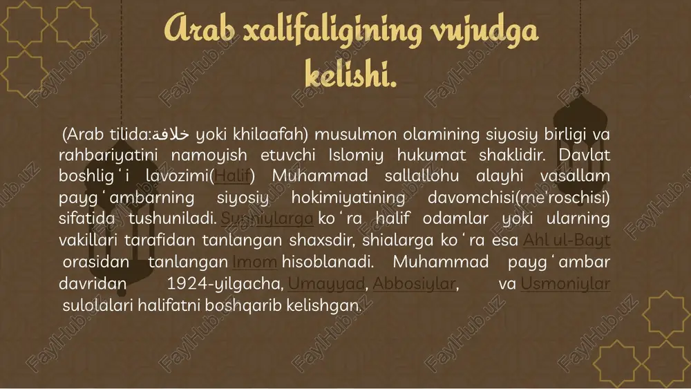 marab siyosiy tashkilotiga birlashgan edi. arablar birlashtiruvchi mafkuralarini bayroq qilib chiqardilar. er va boshqa xil o’ljalar uchun olib borilayotgan urushga «alloh yo’lidagi» muqaddas urush ro’y berar, bunga arablar juda katta e'tibor qilganlar. arablarning vizantiya va eron bilan bo’lgan dastlabki to’qnashishlaridayoq katta muvaffaqiyatlarga erishuvi ularni ruhlantirib, yangi istilolar qilishga undadi. suriya, misr va boshqa mamlakatlardagi ezilgan ommaning bir qismi arablarga diniy zulmdan, krepostnoylik jabr-jafosi va moliyaviy zulmdan qutqaruvchilar deb qaradi 7—8-asrlarda arab istilolari natijasida arabiston yarim orol, yaqin va oʻrta sharq, shimoliy afrika, ispaniya, markaziy osiyo va kavkazortini oʻz ichiga olgan davlat . ibn xaldutshng yozishicha, "johiliya arablari" faqat diniy sifatdagi (paygʻambarlik, valiylik, kohinlik va h.k.) hokimiyatni tan olganlar. shuning uchun ham hijratdan soʻng (622 y.) madinada barpo boʻlgan va 630—632 yillarda butun arabiston yarim orolni oʻz ichiga olgan tuzum islom diniga asoslangan, teokratik davlat shaklini olgan. bu davlatning boshligʻi — rasululloh — allohning elchisi, ammo u abadiy emasligi paygʻambarning oʻzi …