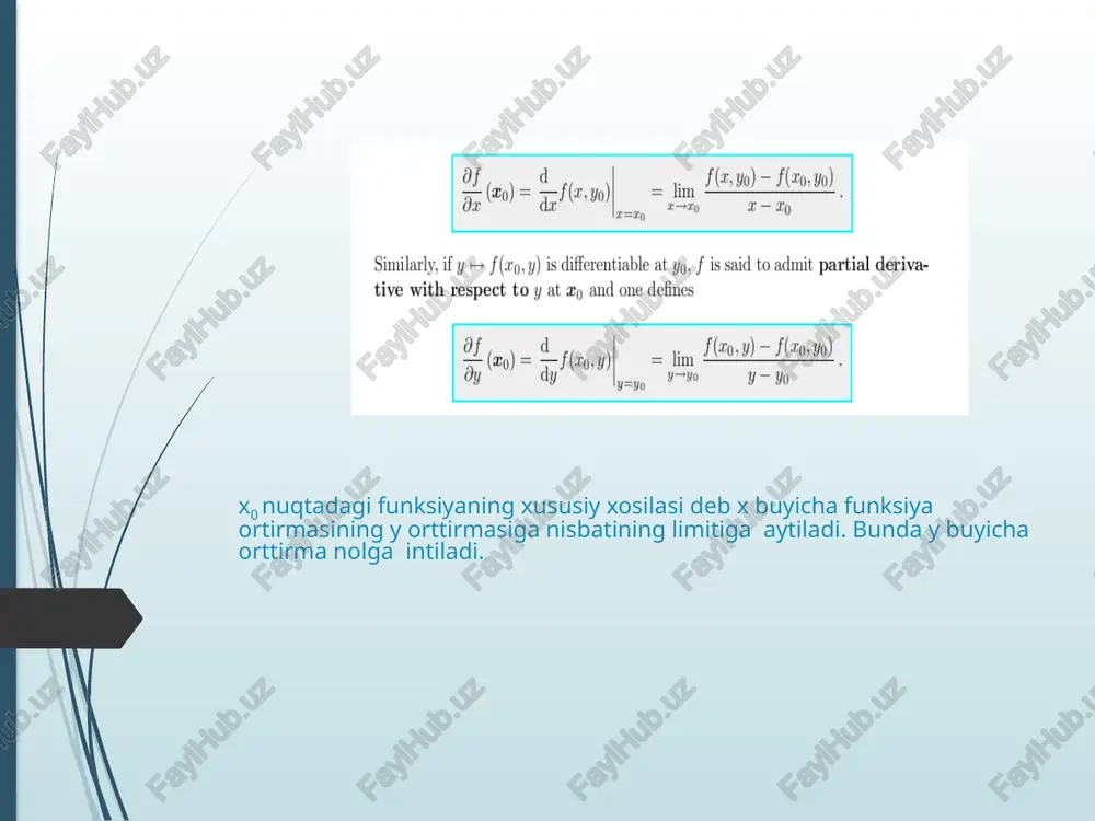  u-larga nisbatan chiziqli bo'lgan a  x+v  u qismiga funksiyaning to’la differentsiali deyiladi va dz deb belgilanadi: dz=a  x+v  u (*) bu yerda a, v lar doimiy sonlar , -lar esa x, u-larga nisbatan yuqori tartibli cheksiz kichik miqdorlar. tahrifdan ko'rinadiki, zlim y x    0 0 =0, yahni biror nuqta da funksiya differentsiallanuvchi bo'lsa, u shu nuqta da uzluksiz bo'lar ekan. m(x,u) nuqta da funksiya differentsiallanuvchi bo'lsin, yahni to’la orttirmani (1)-ko'rinishda yozish mumkin bo'lsin. 0x ,  u=0 deb faraz qilib, (1)-ni  x z=ax+(x,0)x (2) ko'rinishga keltiramiz. (2)-ni x0 ga bo'lib va x 0 limitga o'tsak x z   =a, yoki 0x lim x z x   =a . endi  x=0 va y0 deb faraz qilib, u z   =v ga ega bo'lamiz. yahni biror nuqta da funksiya differentsiallanuvchi bo'lsa, shu nuqta da u uzluksiz va xususiy hosilalarga …