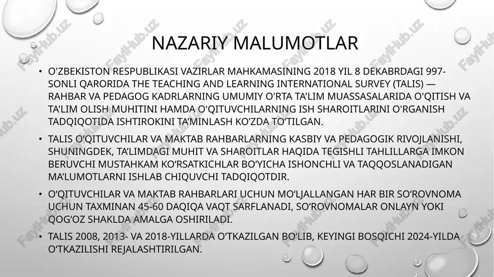 s trening o`quv dasturi mashgʻulotlarini tashkil etishning kuchli tomonlari axborotlarni samarali o‘zlashtirish. xalqaro baholash bo’yicha rivojlangan davlatlar treninglarini tarjima qilish w maxsus trening darslari va mashgʻulotlarini tashkil etishning kuchsiz tomonlari axborotlarni qabul qilishni faqat bir tomonlama bo‘lishi, auditoriyada pedagogik muloqotning sustlashuvi o maxsus trening darslari va mashgʻulotlarini tashkil etishning imkoniyatlari (ichki) auditoriyani jalb etish, vaqtdan yutish, samarali o‘zlashtirish, tezkor qabul qilish, ijodiy tasavvurni shakllantirish t to‘siqlar (tashqi) texnika va shaxs omilining qarama-qarshiligi. xulosa talisning ahamiyati shundaki, u ta'lim tizimining turli jihatlarini qiyosiy tahlil qilish va global tajriba bilan taqqoslash imkonini beradi. bu tadqiqot natijalari o'qituvchilarning professional rivojlanishini yaxshilash, ta'lim siyosatini takomillashtirish va umuman ta'lim sifatini oshirishga qaratilgan choralarni ishlab chiqishga xizmat qiladi. image2.png image3.png image4.png image1.png © — oq a /docprops/thumbnail.jpeg andijon davlat pedagogika institut pedagogika fakultetl boshlang'ich ta'lim yoinauish! 3 kurs 203-guruh talabasi aliveva, dilfuzakonning xalqaro baholash asoslari fanidan tayyoriagan tagdimoti_