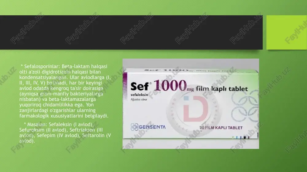 birikmalar hosil qiladi. * masalan: metronidazol, tinidazol. rifamitsinlar (ansamitsinlar) murakkab makrosiklik tuzilishga ega bo'lib, naftalin yoki benzol halqasini alifatik zanjir (ansa zanjiri) bog'lab turadi. bakteritsid ta'sir ko'rsatib, bakterial dnk-ga bog'liq rnk-polimeraza fermentini ingibirlaydi va rnk sintezini bloklaydi. * masalan: rifampitsin (rifampin), rifabutinin. mavzu: narkotik va nonarkotik analgetiklar narkotik analgetiklar (opioidlar) narkotik analgetiklar, shuningdek, opioidlar deb ham ataladi, kuchli og'riq qoldiruvchi ta'sirga ega bo'lib, asosan markaziy nerv tizimiga ta'sir ko'rsatadi. ular opiat retseptorlari bilan bog'lanib, og'riq impulslarining o'tkazilishini bloklaydi va og'riqni idrok etishni o'zgartiradi. ta'sir mexanizmi: * markaziy nerv tizimidagi (bosh miya va orqa miya) opiat retseptorlarini (asosan µ-, κ-, δ-retseptorlari) faollashtiradi. * og'riq impulslarining orqa miyadan bosh miyaga uzatilishini susaytiradi. * og'riqqa hissiy javobni o'zgartiradi, eyforiya (behushlik, xotirjamlik) chaqirishi mumkin. asosiy vakillari: * tabiiy opioidlar: morfin, kodein, omnopon * sintetik va yarim sintetik opioidlar: fentanil, promedol (trimeperidin), tramadol, metadon, buprenorfin, nalbufin. qo'llanilishi: * kuchli va o'ta kuchli o'tkir va surunkali …