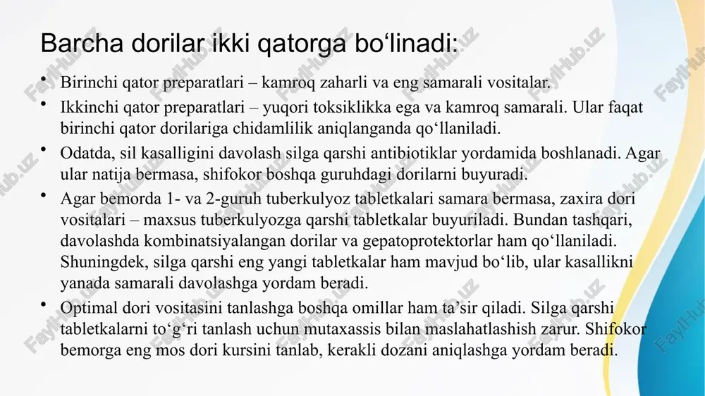 h yoki dori turini o'zgartirish mumkin emas, aks holda muvaffaqiyatli davolanish qiyin bo'ladi. tuberkuloz - bu qaytalanishga moyil bo'lgan kasallik. dori-darmonni muddatidan oldin olib tashlash, bostirilgan bakteriyalarning ko'payishiga yoki uzoqlashishiga olib keladi, natijada davolanish muvaffaqiyatsiz bo'ladi. sil kasalligini davolash ikki davrga bo'linadi. birinchidan, davolanishning boshlanishi, uzluksiz davolanishsiz kuchli dori-darmonlarni qo'llash, shunda alomatlar imkon qadar tezroq yo'q bo'lib ketadi, bakteriyalar salbiy tomonga o'zgaradi, ahvoli aniq yaxshilanadi, bu muddat 3-6 oyni tashkil etadi, bu intensiv deb ham ataladi. bosqichi. ikkinchisi - kasallikning holatiga yoki puxta davolash uchun bitta dori vositasiga asoslangan radikal davolanish, samaradorligini mustahkamlash va takroriy profilaktika maqsadida bu davolanish 6-18 oyni tashkil etadi va konsolidatsiya davosi deb ham ataladi. kasallik baʼzan uzoq vaqtgacha hech qanday alomatlarsiz kechadi, biroq, oʻpka sili rivojlanganda, yaʼni sil mikobakteriyalari koʻpayishi boshlanganda organizmda zaharlanish alomatlari paydo boʻladi: holsizlik, tez charchash, tunda terlash, ozib kegish va boshqa, borabora bemorda yoʻtal zoʻrayadi, hansiraydi, nimjon boʻlib qoladi. zoʻr berib …