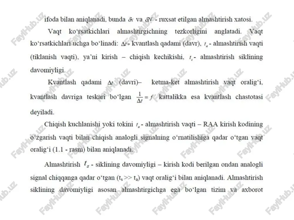 ngan kd, kalitni boshqaradi. kalitlar bilan ulangan rezistorlarning qarshiligi, har bir rezistor orgali o‘tayotgan tok mos razryad kirish kodiga proporsional bo‘ladigan qilib tanlangan. l.1-rasm. raa aylantirish vaqtini aniglashga doir grafik. 1.3-rasm. ara va ssq birgalikdagi ishlash (a) sxemasi va (b) vagt diagrammasi. 1-takti impulslar; 2-aylantirish tugash signali; 3-boshgaruy signali, 1.6-rasm, aktiv elementlardagi tok manbaiga ega bo'lgan raa 1.7-rasm. bipolyar chigish signalini shakllantiruvchi raa sxemalari: a) qo’shimcha kod; b) ishorasini hisobga oluvchi 1o’g’ri kod. /docprops/thumbnail.jpeg 14-mavzn: analog~raqanlivaraqanl analog ov sgarrger st prtpla ara ass ree: 1 analog—raqanlivaraqaal angi o2eartrgclar 2shlas patil ura 3 asosiy tava