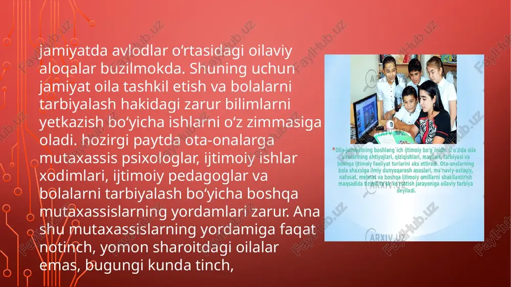 g asosiy va doimiy xo’jalik negizidir. unda oila a’zolarining jismoniy holatini bir maromda ushlab turish, kasallar va qariyalarga g’amxo’rlik qilish amalga oshiriladi. tarbiyaviy vazifa . biz bu funksiyani alohida ajratib ko’rsatamiz, chunki u bolaning ilk ijtimoiylashuvi jarayonida muhim rol o’ynaydi. bola shakllanishiga shuningdek, atmosfera va iqlimning ta’siri ham bor. tarbiyaning eng muhim vositalaridan biri shaxsiy namunadir. rekreatsion va psixoterapevt funksiyasi . bu funksiya shunda namoyon bo’ladiki, oilada hamma o’zini qulay sezishi lozim. ruhshunoslar, sotsiologlar, pedagoglarning kuzatishlariga ko’ra inson kuchlari oila sharoitida jadal tiklanadi. o’zbekistonda ko’pbolali oilalarning mintaqaviy xususiyatlari o’zbekistonda yuqori tug’ilish darajasi quyidagi mintaqaviy omillari bilan izohlanadi: -inson organizmiga geografik va iqlim sharoitlarining ta’siri, ayollarda homila davrining uzunligi, -erta nikohdan o’tish an’anasi, -ijtimoiy omillar-ayolning jamiyat va oiladagi o’rni. hozirgi kungacha oilaviy tarbiya amaliyotida ko’pbolalikning ijobiy va salbiy xususiyatlari borasida bahslar olib borilmoqda, chunki bu muammoning ahamiyatli ekanligiga qaramay bu masala yetarli darajada o’rganilmagan. e’tiboringiz uchun raxmat image3.jpeg image2.png image4.png image5.png …