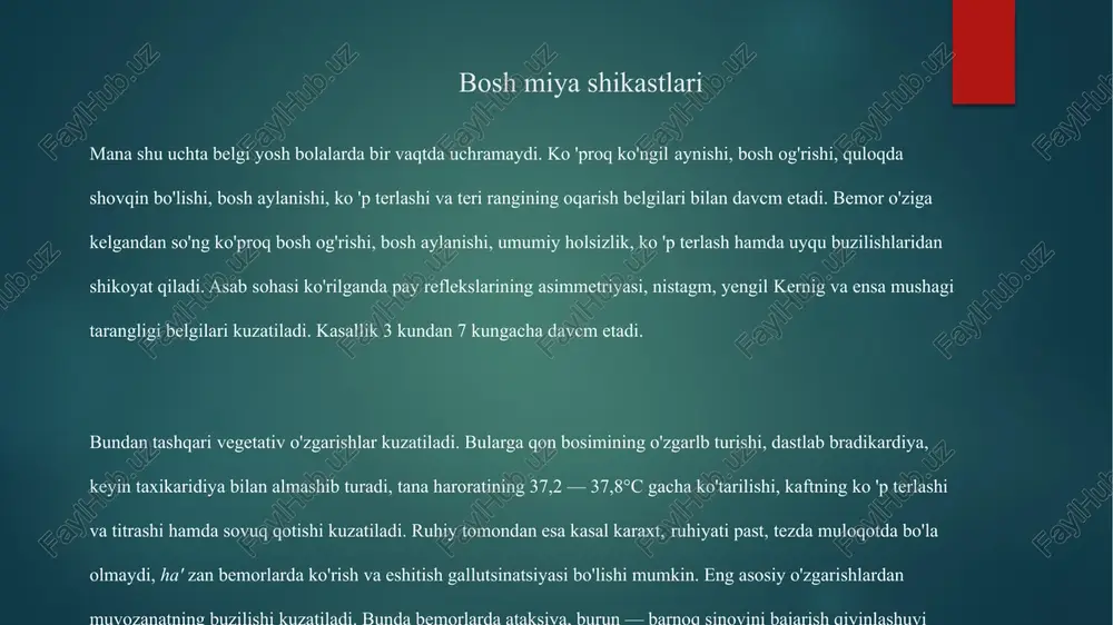 i. bulardan tashqari pay reflekslarining yo'qalishi, parez, paralichlar bo'ladi, tcnik qaltirash belgilari harrda bosh miyada suyuqlik oshib ketadi. diensefal xilida hushning yo'qolishi bilan birga isitmaning baland bo'lishi 40-41°c gacha, bunda isitma markaziy xarakterda, nafas olish tez, yuzaki, yurakurishi tezlashgan, ipsimcnbo'ladi. kasalning umumiy ahvoli juda og'ir bo'lib, kcma holatda bo'ladi. bosh miya shikastlari bosh miyaning ezillshi. bunda bosh miyaning to 'qimalari qisilib, ularda organik o'zgarishlar paydo bo'ladi. miyaga qon quyiladi. bu qon miya pardalarida qon quyilish epidural gematoma bu qattiq miya pardasi va suyak orasida bo'ladi. dastlab, klinik manzara bo'lmasligi mumkin. 12— 36 soatdan so'ng, gematoma kattalashgandan keyin, 4—5 smbo'lgach klinik manzara kuzatiladi. bunda bosh og'riq, qusish, hush karaxt bo'lib, bemorni sovuq ter bosadi. gematomalar joylashishiga qarab oldingi peshona-chakka qismda, o'rtangi peshona — tepa qismda va orqa peshona — chakka — ensa qismda hamda miya asosida bo'lishi mumkin. umumiy miya belgilaridan tashqari rrahalliy miya belgilarining barchasi kasallangan tomonda qorachiqning kengayishi (midriaz) …