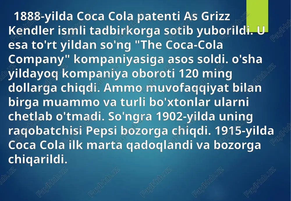 l logotibini butun dunyoning 90% axolisi taniydi; «coca-cola» kompaniyasi reklamaga juda katta pul ajratadi. wikipediya saytiga tayanilsa, 2011-yilda reklama uchun 3 milliard dollar sarflagan. «coca-cola» ning facebookdagi saxifasi eng ko'p muxlis yig'a olgan saxifalardan biridir; «coca-cola» brendi qiymati $83.8 milliard aqsh dollariga baxolangan; meksikalaliklar eng ko'p «coca-cola» iste'mol qiladigan xalq xisoblanadi. «coca-cola» iste'mol qiluvchi bir meksikalik yiliga o'rtacha 745 dona shisha idishini bo'shatadi; «coca-cola» ichimligi fazoga olib chiqilgan birinchi alkogolsiz ichimlik sifatida tarixda qolgan; image3.jpeg image4.jpeg image5.jpeg image6.jpeg image7.jpeg image8.png image9.jpeg image10.jpeg image11.jpeg image12.png image13.jpeg image14.jpeg image15.jpeg image16.jpeg image17.png image18.png image1.jpeg ws wels sha wea as 3 aeé dygem /docprops/thumbnail.jpeg o'zbekiston respublikasi oliy vo o'rta ‘maxsus tallm vaziigh andijon mashinasozik institut nossnatodelomelogva oth “atbecel™ yori +01 277g eam madonna burying ‘ennot konatachiat tlt onion ooa000 mavzu: "coca-cola komponiyasi" gabul gid lermatov
