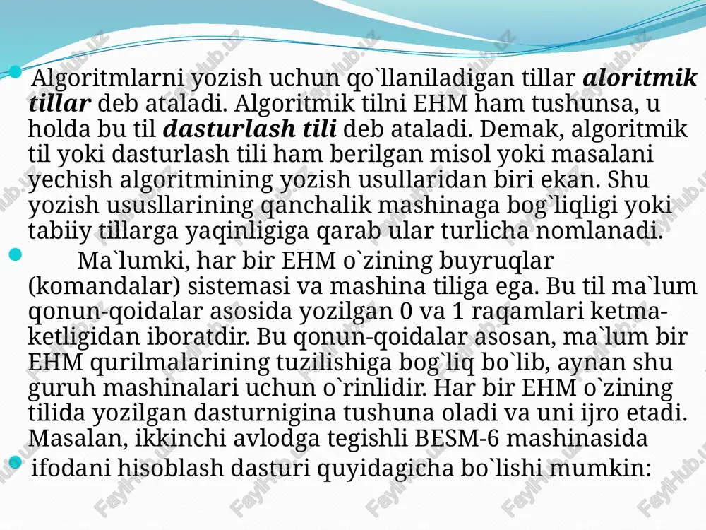 yrimlari masalan, matematikada ko`p ishlatiladigan rim raqamlari, grek harflari va hokazolar yo`q. bularni tasvirlash uchun yuqoridagi belgilardan foydalanish mumkin. juda ko`p hollarda hisoblash xarakteridagi misollarni yechishda ayrim funksiyalarning qiymatlarini hisoblashga to`g`ri keladi. masalan, va h.k. bu funksiyalar standart funksiyalar deb ataladi. beysik tilida bu funksiyalarni hisoblash uchun translyatorning kutubxonasiga kiritilgan maxsus qism dasturlardan foydalaniladi. standart funksiyalarning nomlari beysik tilida 3 ta lotin harfidan iborat bo`ladi. funksiyalarning argumenti ixtiyoriy arifmetik ifoda bo`lib, ular funksiya nomidan keyin kichik qavslar ichida turishi shart. arifmetik ifodalar va ularning beysik dasturlash tilida yozilishi arifmetik ifodalar har doim sonli qiymatga ega bo`lib, ular o`zgarmas va o`zgaruvchi kattaliklar, funksiyalar, oddiy kasrlar, arifmetik belgilar yordamida hosil qilinadi. arifmetik amallarni beysik tilida yozishda quyidagi belgilardan foydalaniladi: - darajaga oshirish; * - ko`paytirish; q - qo`shish; - - ayrish; / - bo`lish; mod – bo`lish natijasi butun xulosa xulosa qilib juda ko`p hollarda hisoblash xarakteridagi misollarni yechishda ayrim funksiyalarning qiymatlarini …