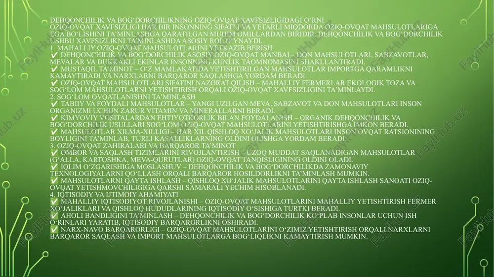 amaradorlikni ta’minlash uchun ilg‘or texnologiyalar va innovatsion usullardan foydalanadi. xususiyatlari: ✅ mexanizatsiya va avtomatlashtirish – traktor, kombayn, sug‘orish tizimlari kabi zamonaviy texnika ishlatiladi. ✅ kimyoviy va biologik vositalar – mineral o‘g‘itlar, pestitsidlar va biologik himoya vositalari ekin yetishtirishda muhim rol o‘ynaydi. ✅ sug‘orish tizimlari rivojlangan – tomchilatib sug‘orish, yomg‘irlatib sug‘orish kabi usullar yordamida suvdan samarali foydalaniladi. ✅ genetik jihatdan yaxshilangan ekinlar – kasalliklarga chidamli va yuqori hosilli urug‘lardan foydalaniladi. ✅ iqlim o‘zgarishlariga moslashgan – issiqxona va yopiq maydonlarda dehqonchilik qilish imkoniyati mavjud. afzalliklari: ✔️ hosildorlik yuqori bo‘ladi. ✔️ mehnat xarajati kamayadi, ishlab chiqarish tezlashadi. ✔️ suv va resurslardan tejamkor foydalanish imkoniyati mavjud. kamchiliklari: ❌ kimyoviy vositalarning haddan tashqari qo‘llanilishi ekologiyaga zarar yetkazishi mumkin. ❌ yuqori texnologiyalar va zamonaviy texnika katta investitsiyalarni talab qiladi. ❌ tuproq unumdorligining kamayish xavfi bor. sug‘oriladigan va lalmi dehqonchilik dehqonchilik turlari suv ta’minotiga qarab sug‘oriladigan va lalmi dehqonchilikka bo‘linadi. bu ikki usulning o‘ziga xos jihatlari, afzalliklari …