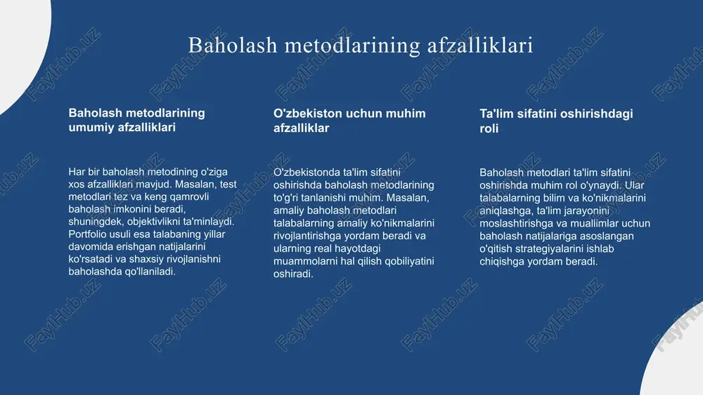 ishdir. bu jarayon yordamida o'qituvchilar o'quvchilarning rivojlanish darajasini baholaydilar, kamchiliklarni aniqlab, shaxsiylashtirilgan yordam ko'rsatish imkoniyatiga ega bo'ladilar. shuningdek, baholash natijalari ta'lim jarayonini optimallashtirish va o'quvchilarning muvaffaqiyatlarini oshirish uchun asos bo'lib xizmat qiladi. photo by georgi kalaydzhiev on unsplash baholash jarayonining turlari baholash jarayonining turlari turli xil bo‘lib, asosiylari formativ va summativ baholashdir. formativ baholash jarayon davomida amalga oshiriladi va o‘quvchilarning rivojlanishini kuzatishda yordam beradi. summativ baholash esa o‘quv natijalarini yakuniy baholash uchun qo‘llaniladi. o‘zaro baholash va o‘z-o‘zini baholash esa o‘quvchilar orasida ham, shuningdek, o‘zlarini tahlil qilishda muhim rol o‘ynaydi. photo by yaroslav zotov on unsplash baholash jarayonida foydalaniladigan vositalar baholash jarayonida foydalaniladigan vositalar va metodlar muhim ahamiyatga ega. testlar, anketalar, suhbatlar va kuzatuv usullari keng qo‘llaniladi. har bir vositaning o‘ziga xos afzalliklari va kamchiliklari mavjud: - testlar: objektivlik va tezlik bilan baholash imkonini beradi, ammo faqatgina yozma javoblarni qabul qiladi. - anketalar: keng qamrovli ma'lumot olishda qulay, lekin subyektivlikni oshirishi …