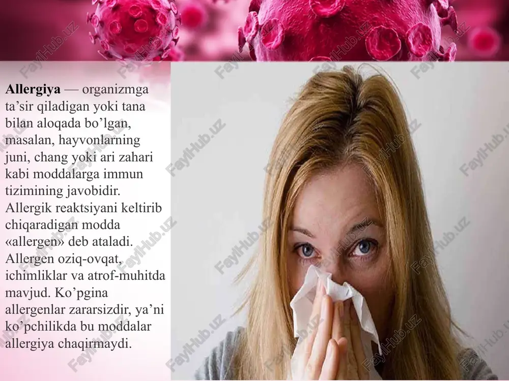 , balki immun tizimini ham zaiflashtiradi. natijada organizm allergenlarga nisbatan himoyasiz bo‘lib qoladi. ayniqsa, yirik shaharlar aholisi orasida nafas yo‘llari allergiyalari (masalan, bronxial astma yoki rinit) keng tarqalgan. shuningdek, ovqatlanishdagi o‘zgarishlar ham allergik kasalliklarning ko‘payishiga sabab bo‘lmoqda. zamonaviy oziq-ovqat mahsulotlari tarkibida konservantlar, sun’iy rang beruvchilar, lazzat kuchaytiruvchilar va boshqa kimyoviy moddalar mavjud. bu moddalarning ko‘pchiligi allergik reaksiyani qo‘zg‘atadi. bolalarda shirinliklar, gazli ichimliklar, tez tayyorlanadigan taomlar va yarim tayyor mahsulotlar allergiyaning eng keng tarqalgan manbalaridan biridir. immunitet tizimi faoliyatining buzilishi ham allergiya rivojlanishiga olib keladi. normal holatda immun tizimi faqat zararli moddalarga qarshi kurashadi. ammo immun tizimi zaiflashganda yoki haddan ortiq faollashganda u oddiy moddalarni ham “yot” deb qabul qiladi. bu holat natijasida allergik reaksiyalar paydo bo‘ladi. psixologik stress ham allergik kasalliklarni kuchaytiruvchi omillardan biridir. asabiy zo‘riqish, uyqusizlik, surunkali charchoq, ruhiy bosim immun tizimi faoliyatini o‘zgartiradi va natijada allergik holatlar tez-tez takrorlanishi mumkin. dori vositalarini noto‘g‘ri yoki nazoratsiz qo‘llash ham allergiyani …