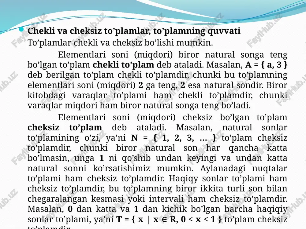 gliz tilini, 45 kishi fransuz tilini, 23 kishi esa ikkala tilni ham biladi. sayyohlar guruhidagi necha kishi ingliz tilini ham, fransuz tilini ham bilmaydi? y e c h i s h. berilgan guruhdagi ingliz tilini biladigan sayyohlar to'plamini a bilan, fransuz tilini biladigan sayyohlar to'plamini b bilan belgilaymiz. u holda ham ingliz tilini, ham fransuz tilini biladigan sayyohlar to'plami a ∩ b to'plamdan, shu ikki tildan hech bo'lmasa bittasini biladigan sayyohlar to'plami esa a u b to'plamdan iborat bo'ladi. shartga ko'ra, n(a) = 70, n(b) = 45, n(a ∩ b) = 23.teorema 4 gako'ra, n(a u b) = n(a) + n(b) – n(a ∩ b) = 70 + 45 – 23 = 92. shunday qilib, 92 kishi ingliz va fransuz tillaridan hech bo'lmaganda bittasini biladi, 100 – 92 = 8 kishi esa ikkala tilni ham bilmaydi. teorema 4 ga tayangan holda ushbu teoremani keltirib chiqarish qiyin emas. teorema 5. ihtiyoriy …