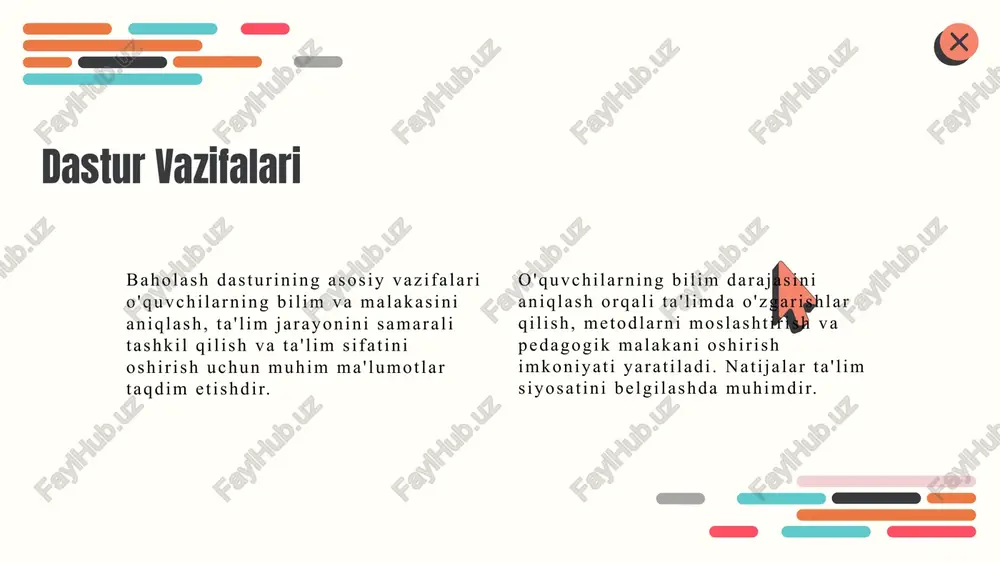 qilish imkoniyatini yaratadi. o'zbekiston ta'lim tizimida yangi baholash tizimlari joriy etiladi, ular milliy standartlar va metodologiyalarga asoslangan bo'ladi. o'qituvchilar va o'quvchilar uchun treninglar va qo'llanmalar ishlab chiqilmoqda. online baholash platformalari va mobil ilovalar yaratilib, ularning yordamida baholash jarayoni oson va real vaqtda natijalarni ko'rish imkonini beradi. bu, ta'lim sifatini oshirishga xizmat qiladi. kelajakdagi rejalar natijalarni tahlil qilish natijalarni tahlil qilish jarayoni ma'lumotlarni yig'ish, statistik usullar bilan tahlil qilish va natijalarga asoslangan qarorlar qabul qilishdan iborat. bu jarayon ta'lim sifatini oshirish, muammolarni aniqlash va takomillashtirish uchun muhimdir. statistik metodlar, grafiklar va tendensiyalar yordamida natijalarni baholash, kelajakdagi strategiyalarni belgilash imkonini beradi. doimiy tahlil ta'lim jarayonining rivojlanishiga xizmat qiladi. * ta'lim sifatini oshirish natijalarni ta'lim sifatini oshirishda qo'llash uchun, o'qituvchilar o'quvchilarning rivojlanishini baholash va ta'lim jarayonini takomillashtirishda foydalanishi muhimdir. bu muvaffaqiyatni aniqlash va metodlarni moslashtirish imkonini beradi. shuningdek, natijalar asosida muassasalar va ta'lim dasturlarining samaradorligini baholash mumkin. bu resurslarni maqsadli taqsimlash va ta'lim …