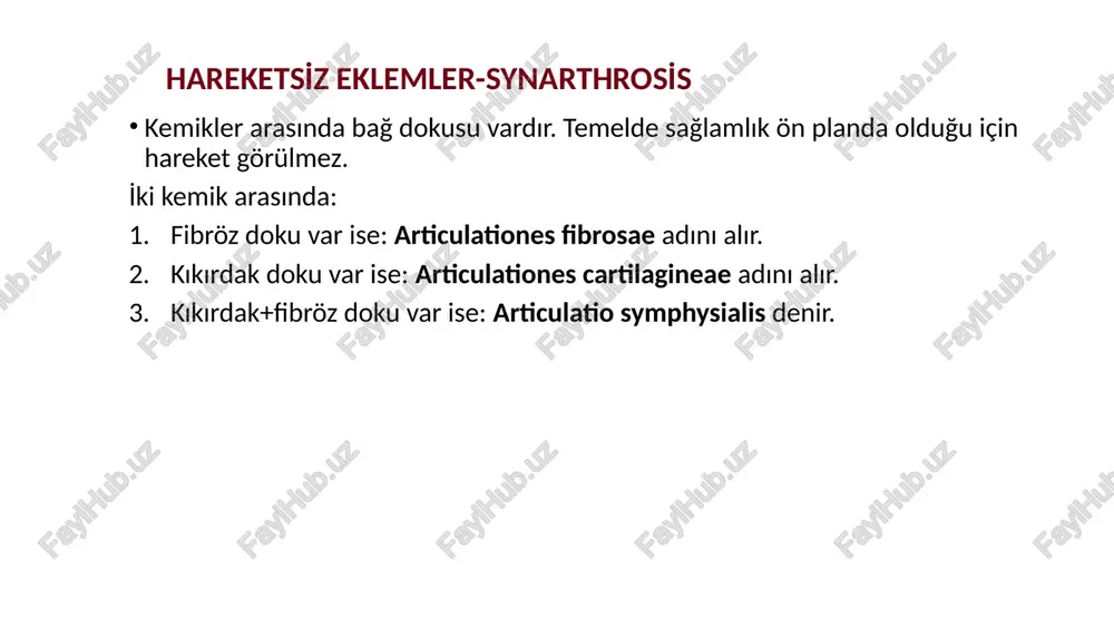klem yüzleri arasında, fibrokartilaginöz yapı eklem yüzlerinin uyumunu kolaylaştırır tam olmayan yada yarımay şeklinde olan discuslar’a meniscus adı verilir. (diz eklemi) labrum articulare: fibröz kıkırdak yapısında halka şeklinde yapı eklem yüzlerinin kenarına tutunur. konkav eklem yüzünü derinleştirir ve temas alanını artırır. vücutta sadece iki eklemde vardır: articulatio humeri (labrum glenoidale) articulatio coxae (labrum acetabulare). eklemin damarları eklemler, eklem çevresindeki arteryel pleksustan (atar damar ağları) beslenir. venler (toplar damarlar) de arterlere(atar damarlara) eşlik eder. eklemin sinirleri eklemler, sinirden zengindir. eklem kapsülünün her iki tabakasında da sinir sonlanmaları vardır. eklemlere sinirler, eklemi hareket ettiren kasların ve bu kasların üzerindeki derinin sinirlerinden gelir. hilton kanunu; bir eklemin duyusunu taşıyan sinirler, eklemi hareket ettiren kasların ve bu kasların tutunma yerlerini örten derinin de duyusunu taşır. luxasyon (çıkık-dislokasyon): eklem yüzlerinin birbirinden uzaklaşarak normal pozisyonlarının bozulması durumudur. şiddetli ağrı ve hareket kısıtlaması ile kendini gösterir. image1.jpeg image2.jpeg image3.jpg image4.jpeg image5.jpeg image6.jpeg image7.jpeg image8.jpeg image9.jpeg image10.jpeg image11.jpeg …