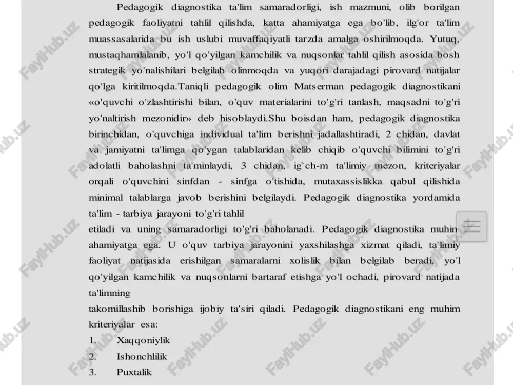 uchramogda. pedagogik diagnostika natijalari qachon uzil-kesil tasdiqlanadi. tajribalar, tahlillar shuni ko’rsatadiki, pedagogik diagnostika test usullari vositasida amalga oshirilsa, natijalar haqqoniy bo’ ladi. chunki bunda to’rt xil xulosa, bir xil natija bilan baholanadi bular: > mazmunning tasdig’ i; > har xil usul bilan olingan natilalarning bir xilligi; > natijalarga ko’ra amalga oshirilgan tahlillarning isbotlanishi; vv loyihalashning tasdiqlanishi (ya’ni, loyihalashtirishdagi _ natijalarning olingan xulosalarga uyg’ unligi).